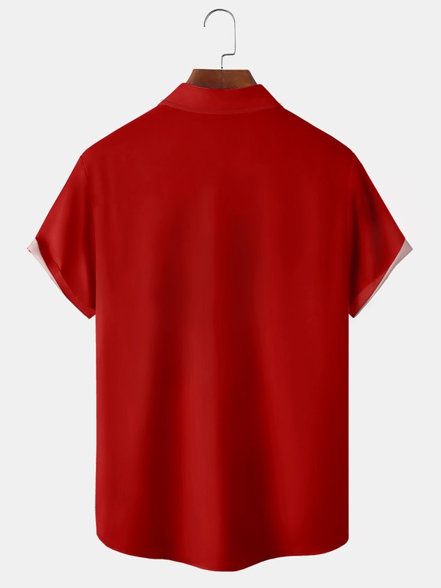 Santa Claus Christmas Deer Chest Pocket Short Sleeve Shirt