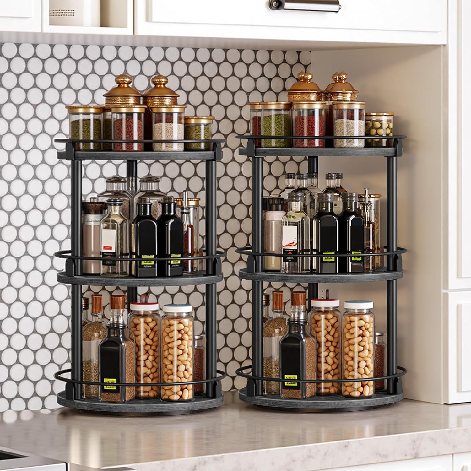 YATINEY Spice Rack, Set of 2 Lazy Susan Organizer, 3 Tier Turntable Organizer for Cabinets, Compact and Versatile, for Kitchen Countertop, Black SR23L2BB