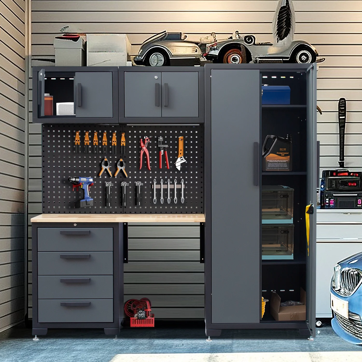 Garage Storage Cabinet System 7-Pcs Workshop Set Metal Garage Cabinets System with Steel Cabinet Drawers, Workbench, Pegboard for Garage Tool Organization(7-Pcs Garage Cabinets) - Image 2