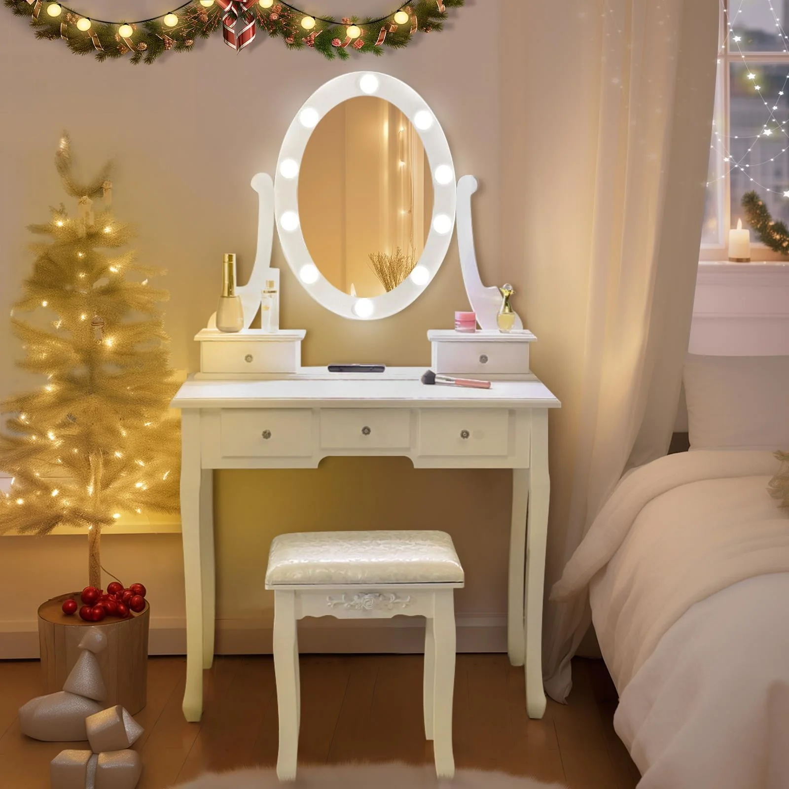 Vanity Table 10 LED Lights, 5 Drawers Makeup Dressing Desk with Cushioned Stool Set,Bedroom Vanities Set White - Image 2