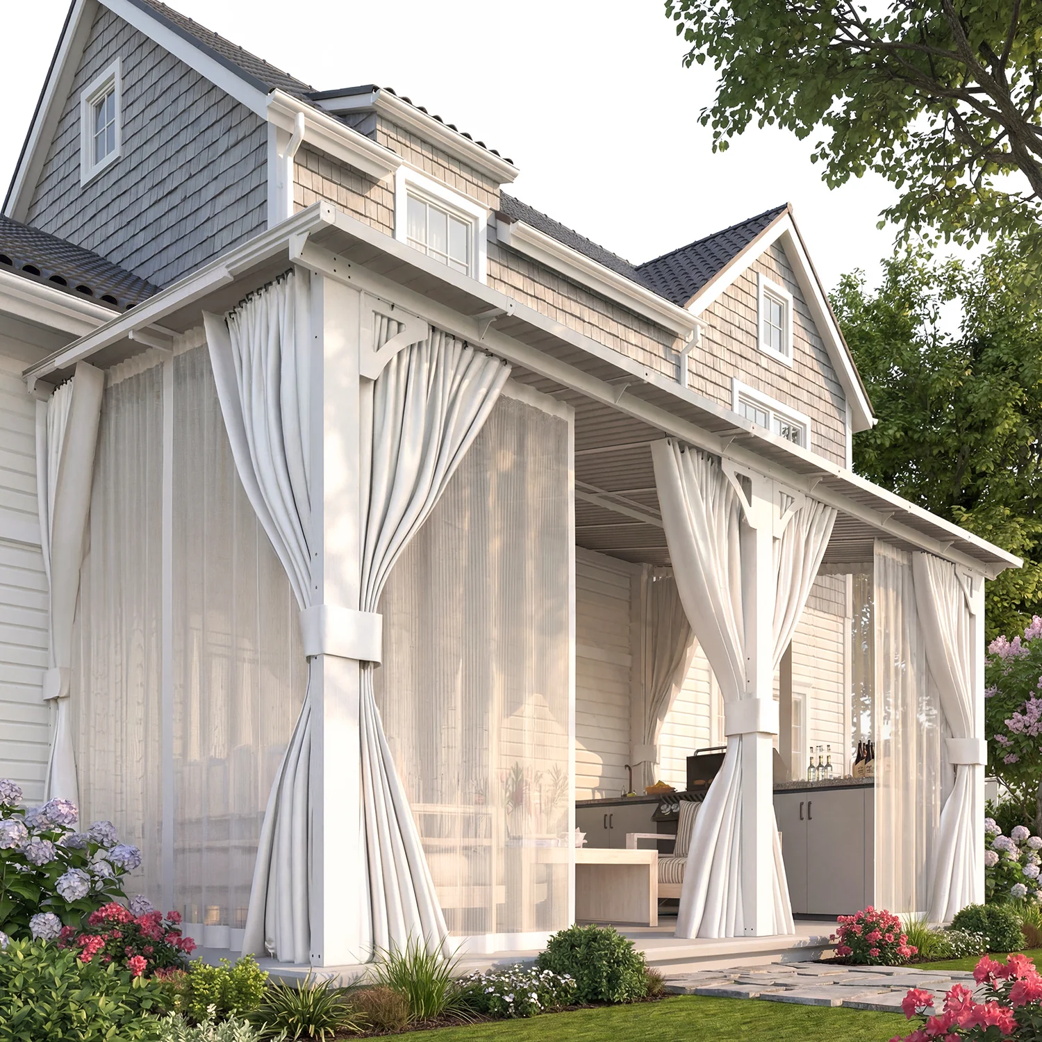 AECOJOY 14'x8' Wall Gazebo with Curtains and Mosquito Netting, White