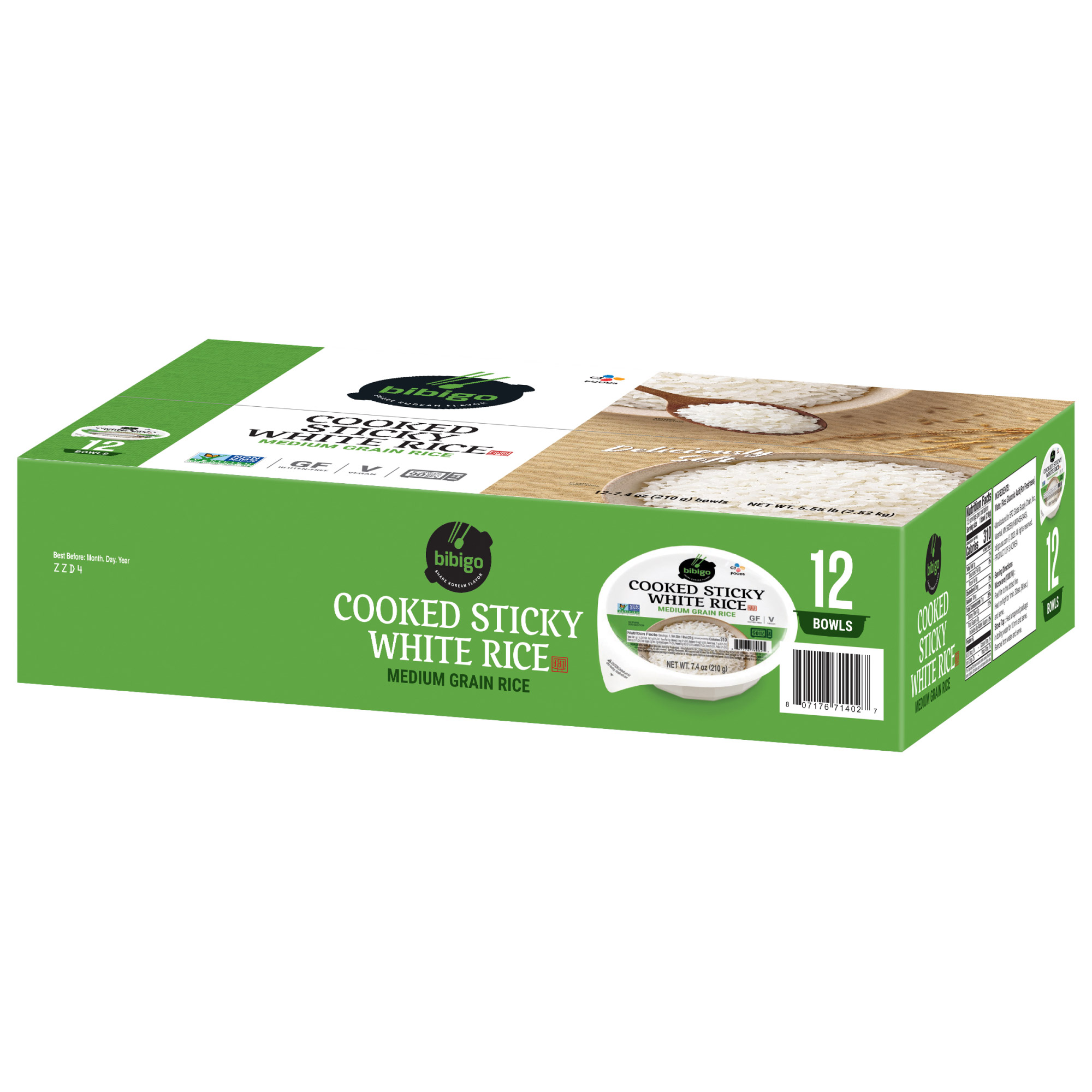 Bibigo, Cooked Sticky White Rice Bowls, Medium Grain, 7.4 oz, 12 - Count