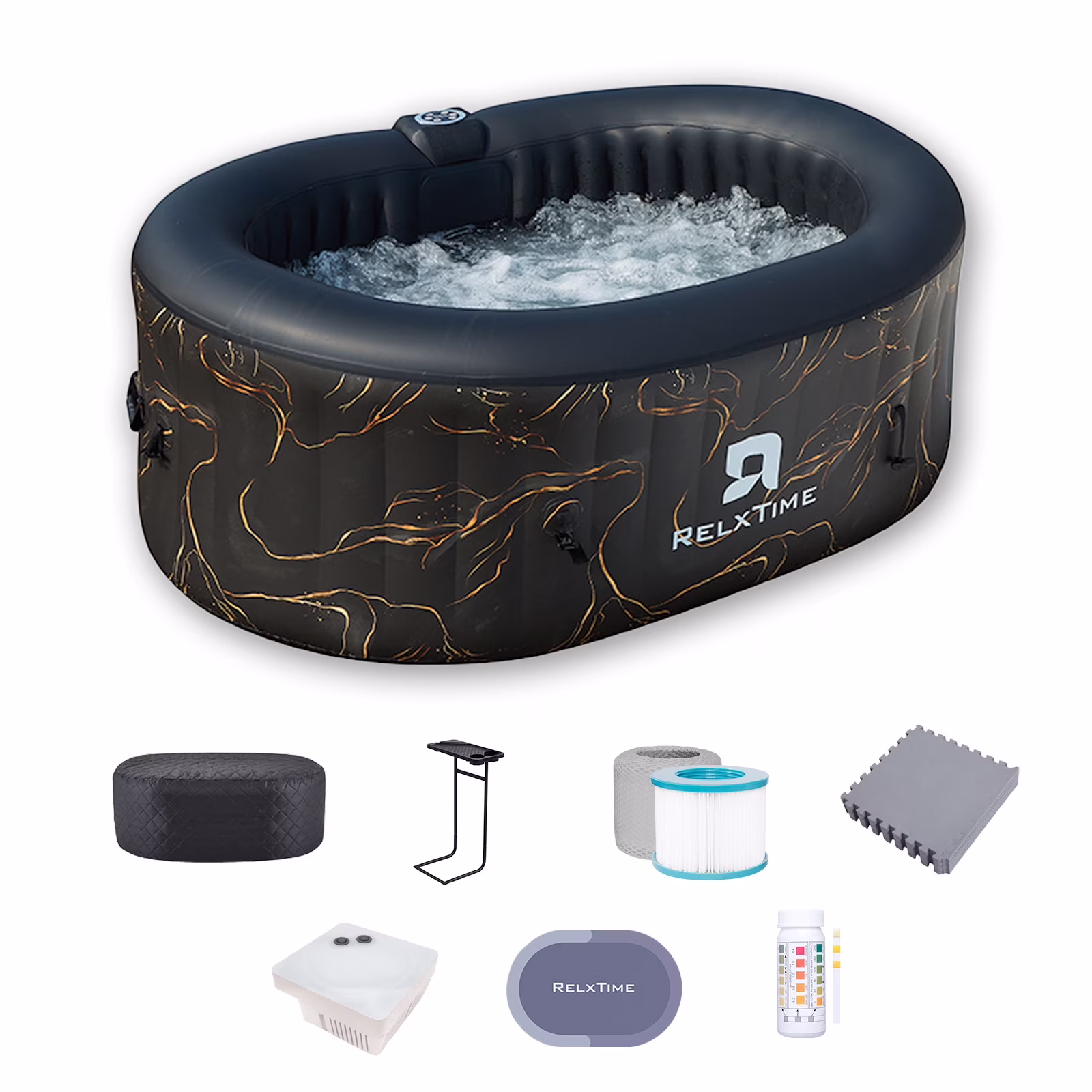 2 Person Oval Inflatable Hot Tub Set Outdoor Spa with 100 Massage Jets, LED Light, Black(Oval)