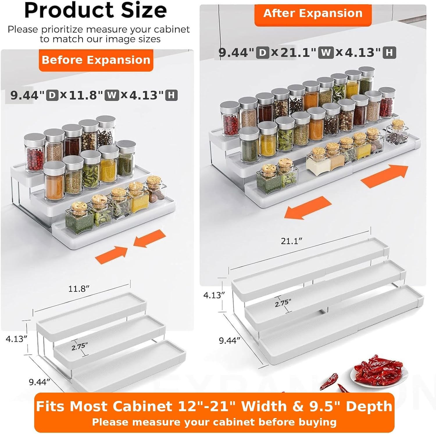 Expandable Spice Rack Organizer for Cabinet - 3 Tier Adjustable Cabinet Spice Organizer for Easy Visibility - Spice Organizer for Cabinet Countertop Cupboard Pantry Organization (White)