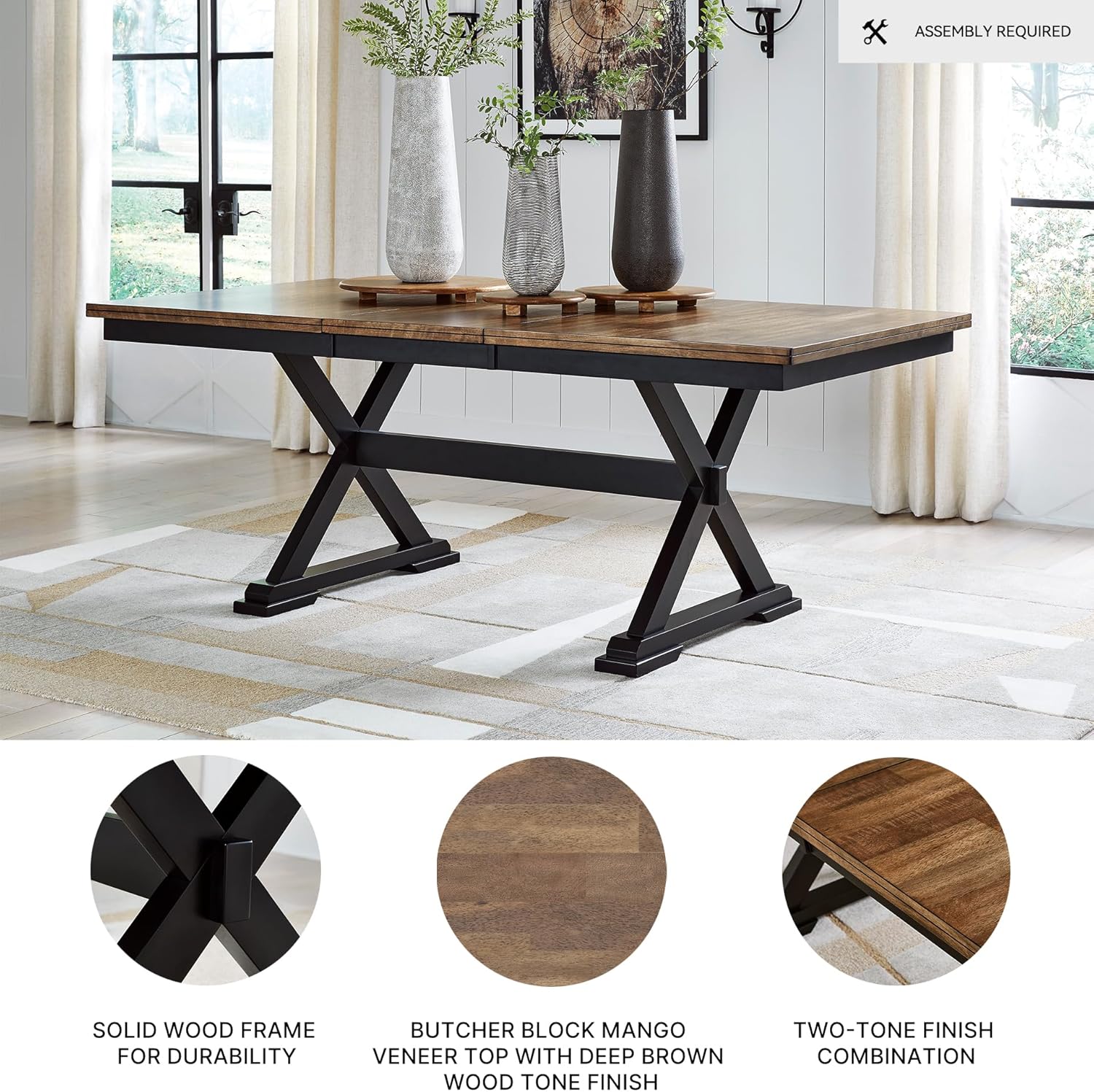 Signature Design by Ashley Wildenauer Farmhouse Dining Extension Table, Dark Brown & Black