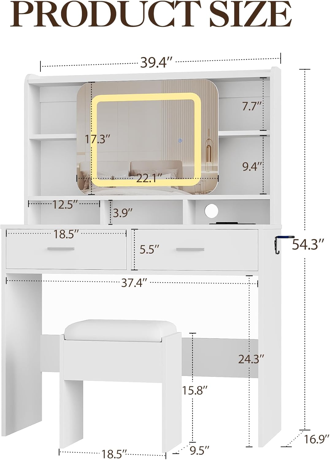 Dressing Table White Glam Vanity Set with Sliding Mirror & Stool, Vanity Desk with Mirror Features 3-Color LED Lights, USB Charging Hub, 2 Drawers & Storage Shelves, Perfect Dressing Table for Bedroom