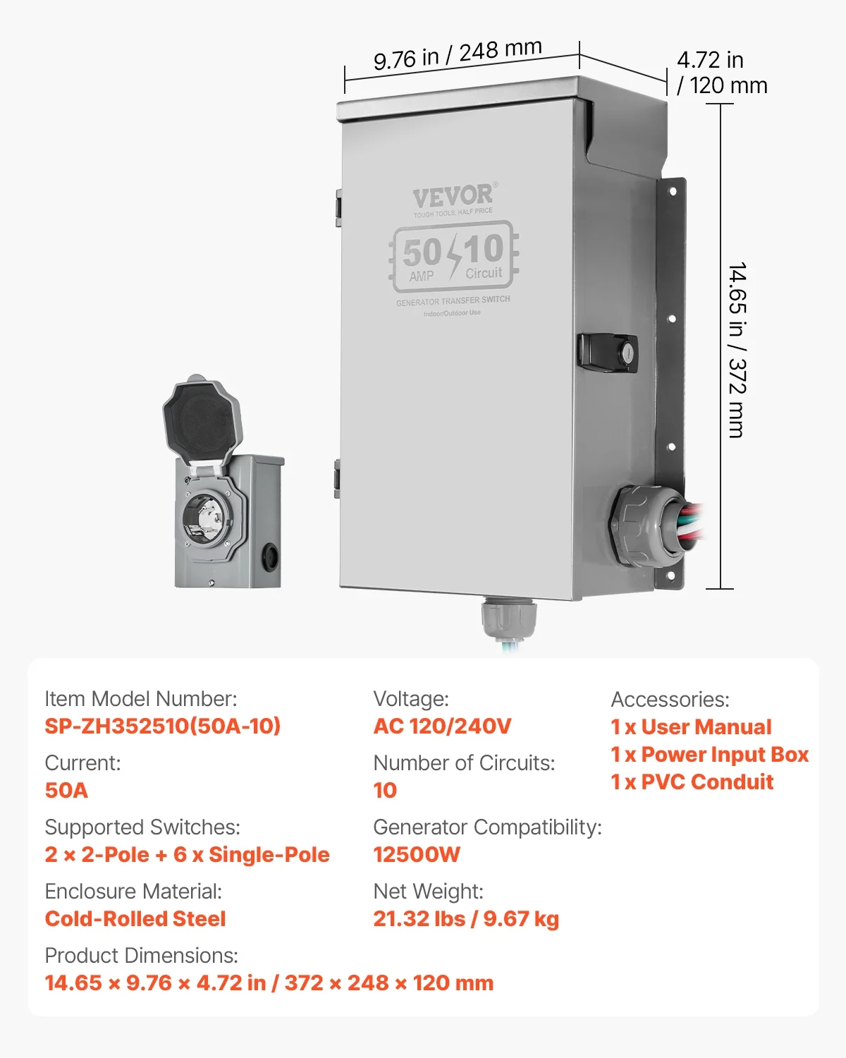 Manual Transfer Switch, 50-Amp 10-Circuit, Prewired Generator Transfer Switch Kit with CS6375 Plug Power Inlet Box, Double-Throw Switch, NEMA 3R, Mechanical Watt Meter, for 12500W Generators - Image 7