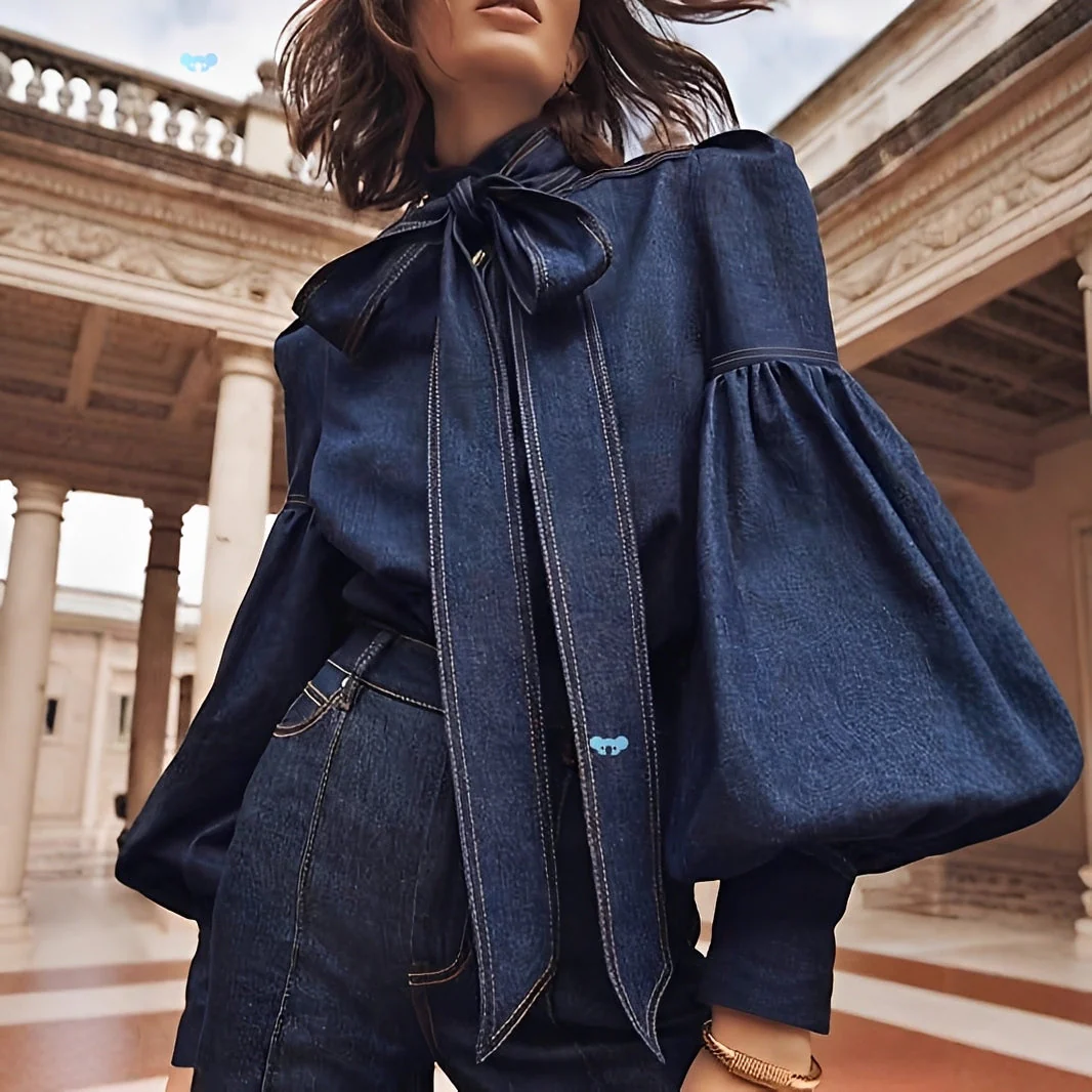 Jodie - Blouse en denim avec nœud élégante