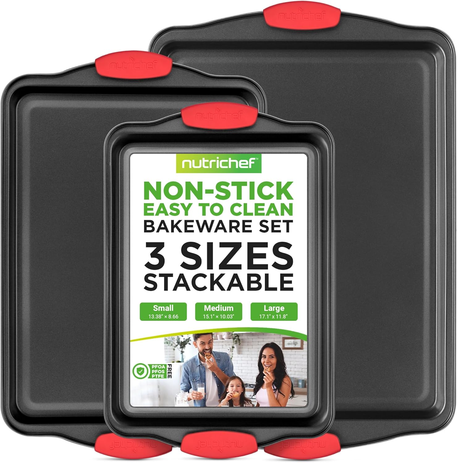 NutriChef 3-Piece Nonstick Cookie Sheets – Carbon Steel Baking Sheet Set with Non-Stick Coating & Red Silicone Handles – Oven Pans for Family Baking