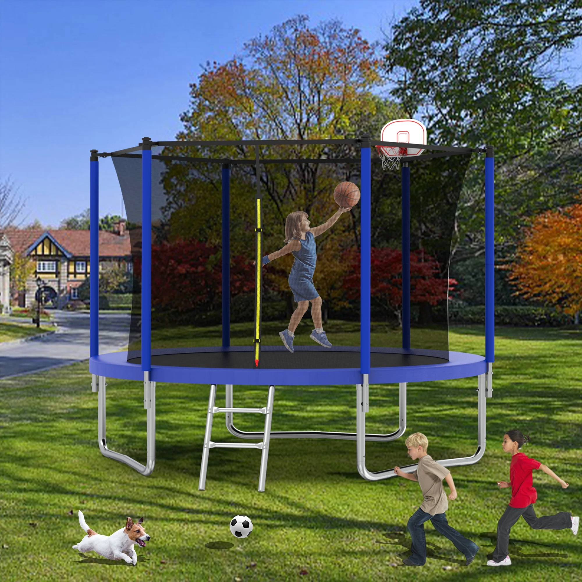 8FT Trampoline for Kids,Outdoor Trampoline with Basketball Hoop,Heavy Duty Trampoline with Safety Enclosure Net,Blue(Blue) Image 4
