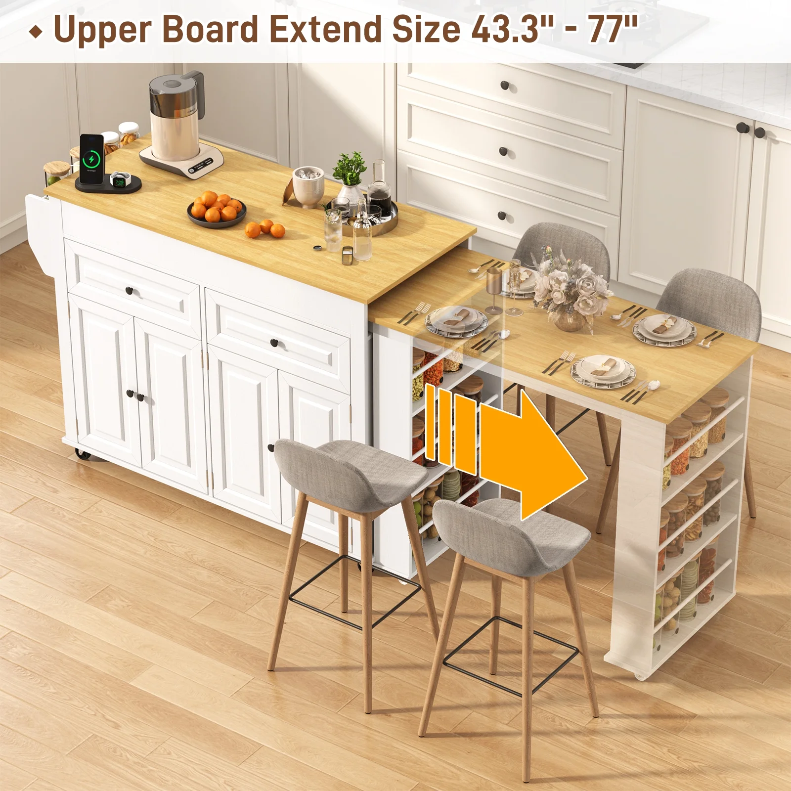 Large Kitchen Island with Extendable Dining Table and Power Outlet, Rolling Kitchen Island Cart on Wheels with 2 Storage Cabinets 2 Drawers 3 Spice Racks, Island Table for Kitchen(Black) - Image 9