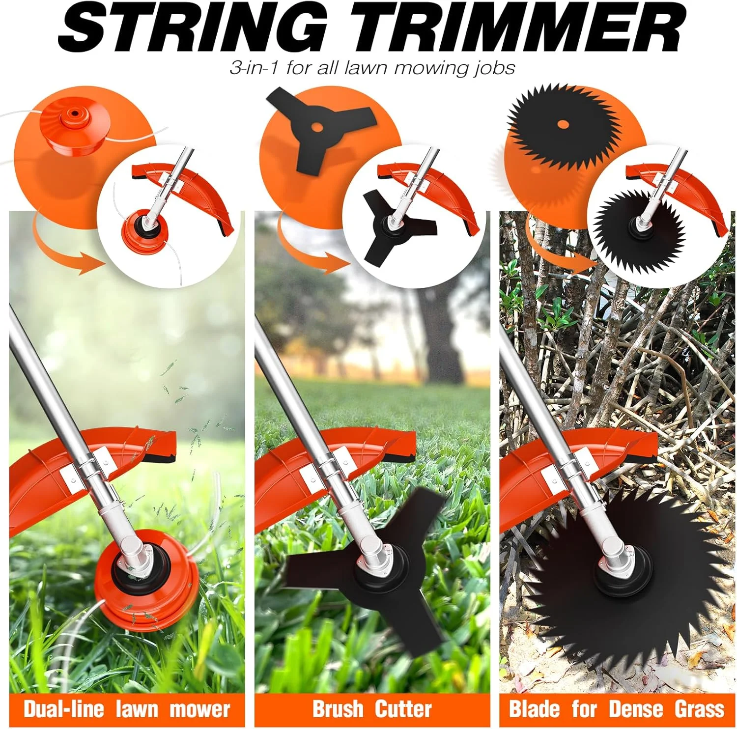 52CC Orange Gas Weed Wacker, 2 Stroke Weed Eater Gas Powered, 6 in 1 Gas Hedge Trimmer, Gas Brush Cutter, Gas String Trimmer, Pole Saw with Extension Pole Image 3