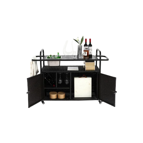 Outdoor Rolling Wicker Bar Cart, Large Portable Outdoor Wicker Bar Table with Cabinet Storage and Glass Countertop, Patio Wicker Serving Bar Cart for Pool, Party, Backyard, Black(Black) - Image 8