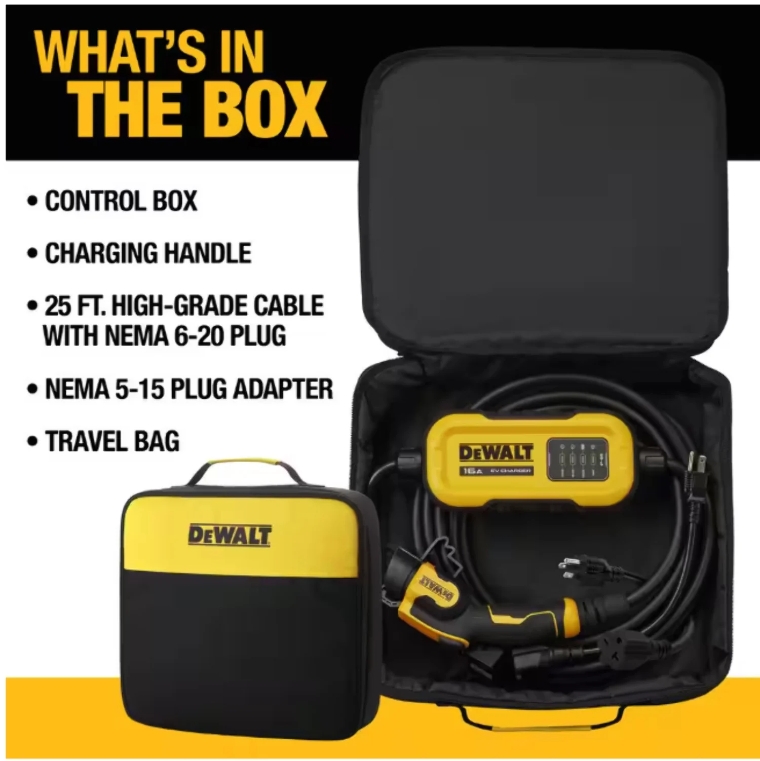 DEWALT Level - 2 Portable Electric Vehicle EV Charger up to 16 Amps, 120 - 240 - Volt AC 3.8 KW, 25 Ft. Cable, Weatherproof