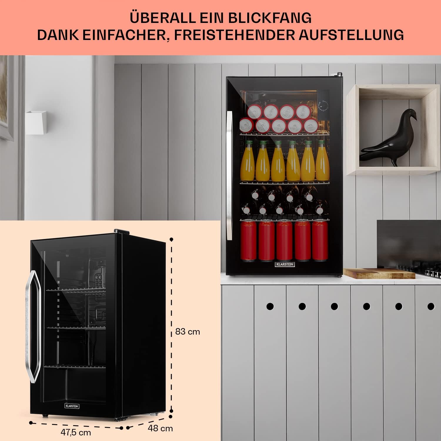 Klarstein Mini Koelkast met Glazen Deur voor Kamer, Drankenkoelkast met Verstelbare Planken, Klein 80 Liter, Indoor/Outdoor Koelkast Stil