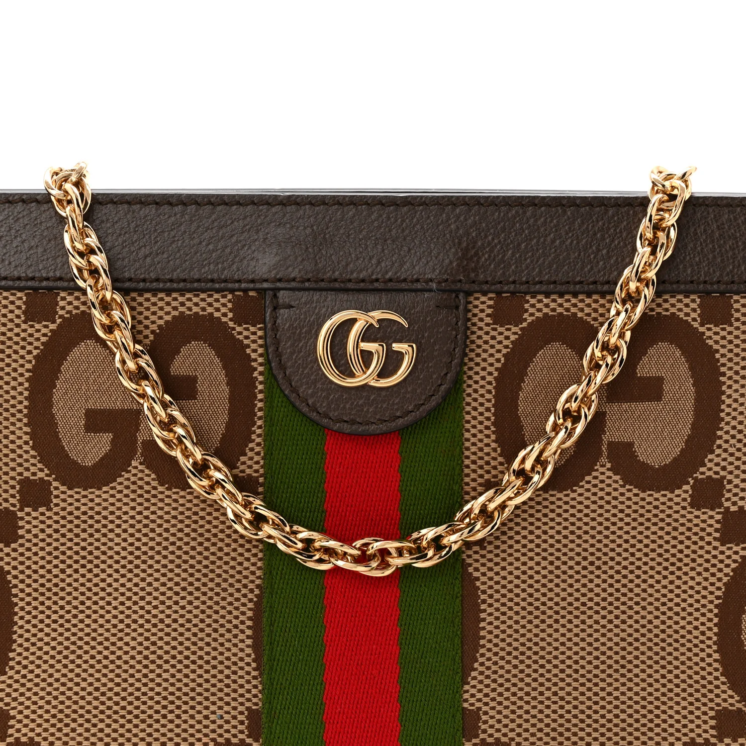Monogram Jumbo GG Textured Dollar Calfskin Web Small Ophidia Chain Shoulder Bag Camel Ebony New Acero