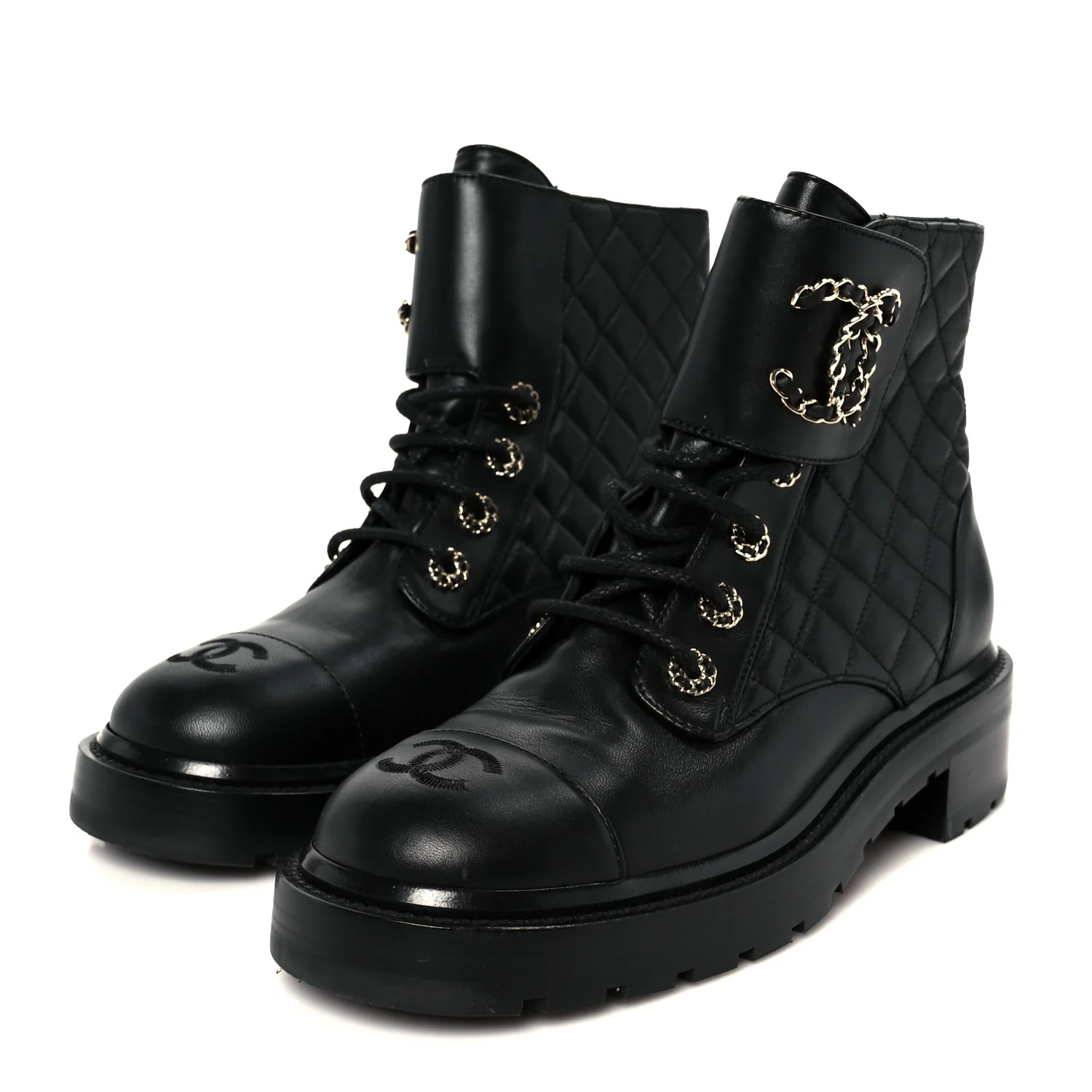 Shiny Lambskin Quilted Lace Up Combat Boots 39 Black