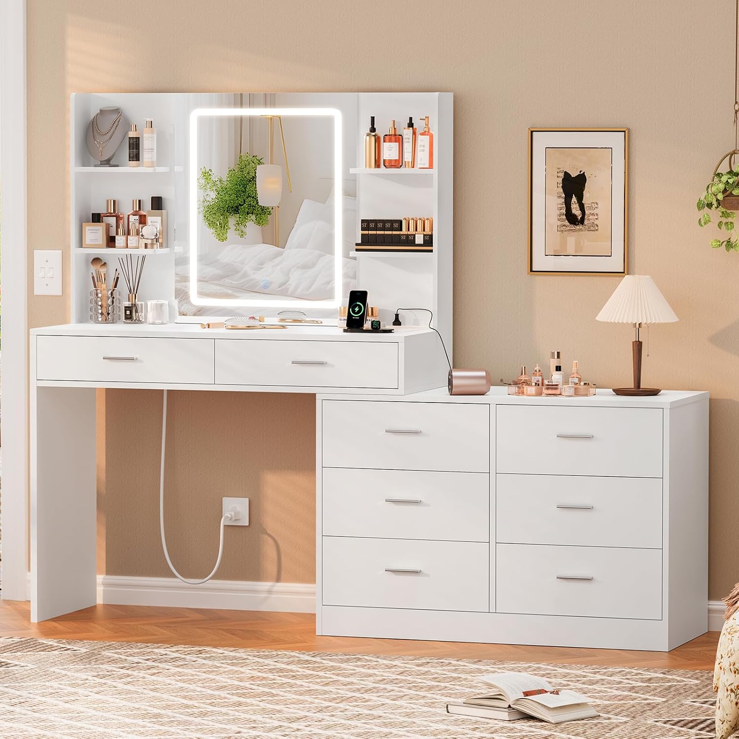 Vanity Desk with LED Light Mirror & Power Outlet, 8 Drawers, 6 Storage Shelves, 3 Color Modes & Adjustable Brightness Makeup Vanity, Corner Vanity, L Shape Vanity, 39.4”-64.9