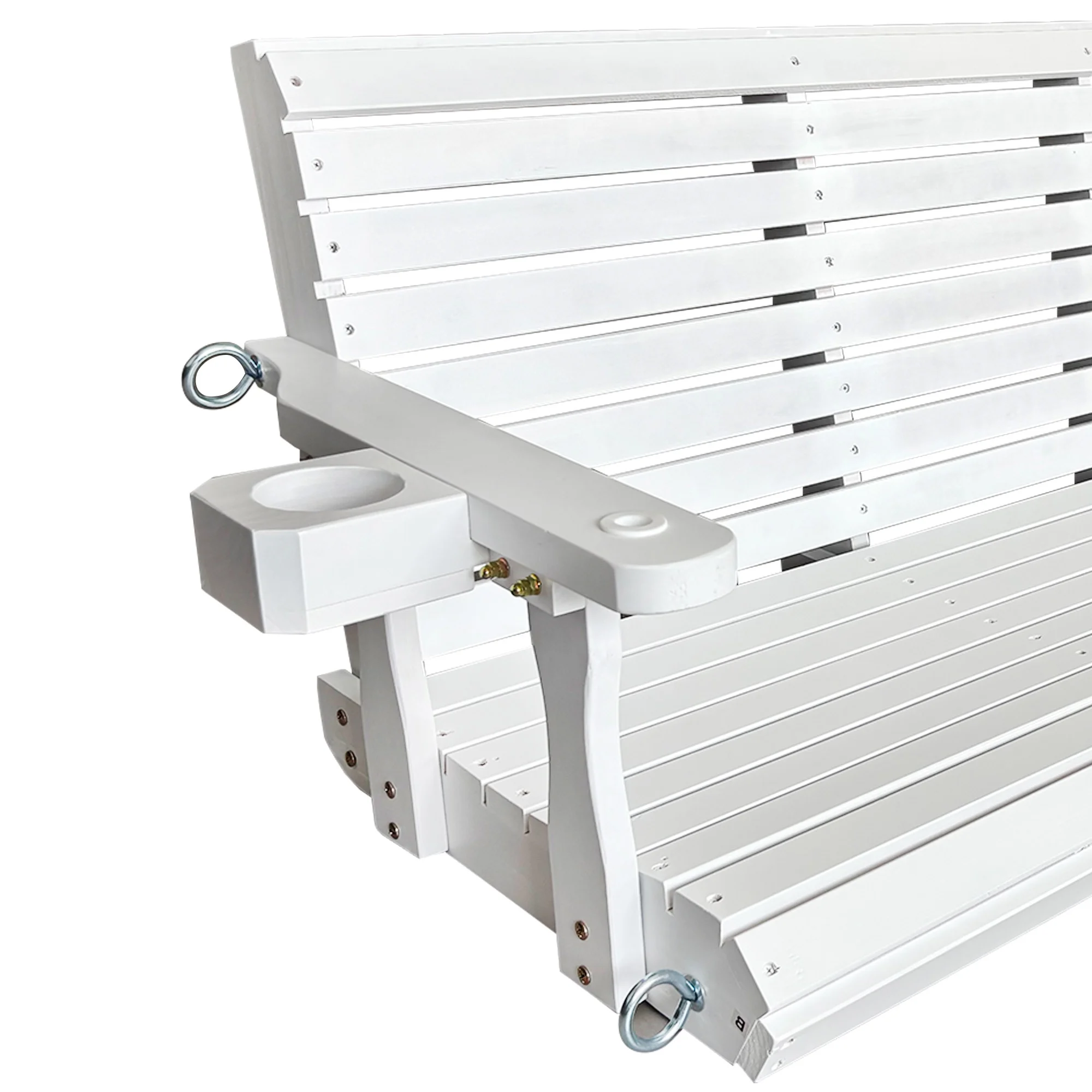 5 Ft Outdoor Wooden Porch Swing with Cupholders, Heavy Duty 880 LBS For 3 Person,All-Weather resistant, White(White/3-Person) - Image 6
