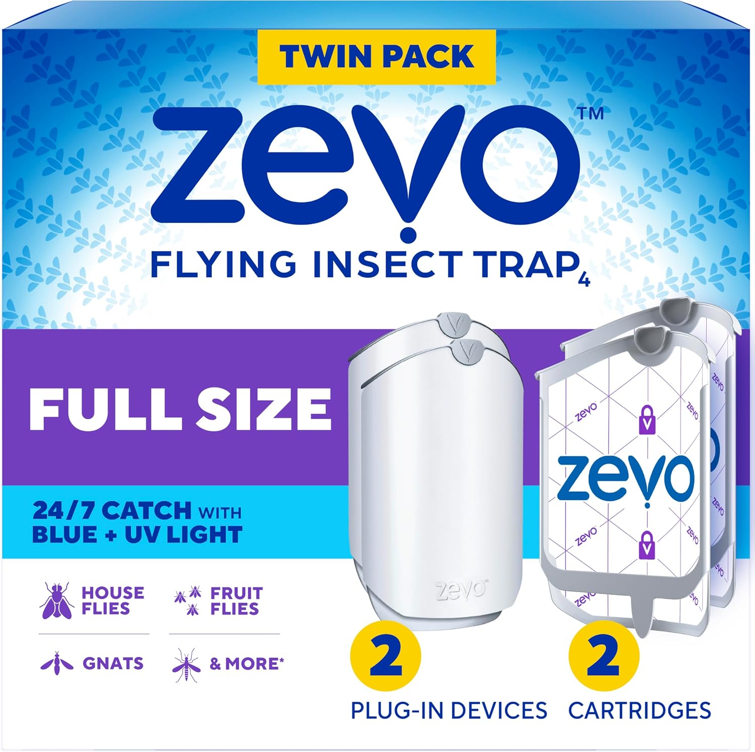 Zevo Flying Insect Trap for Fruit Flies & Gnats, 2 Plug-in Bases, 2 Refills| Catches Fruit Flies & Gnats Near Fruit Bowls & Trash Bins, Spray-Free, Odor-Free, Blue & UV Light Trap, Safe for Kids & Pets*