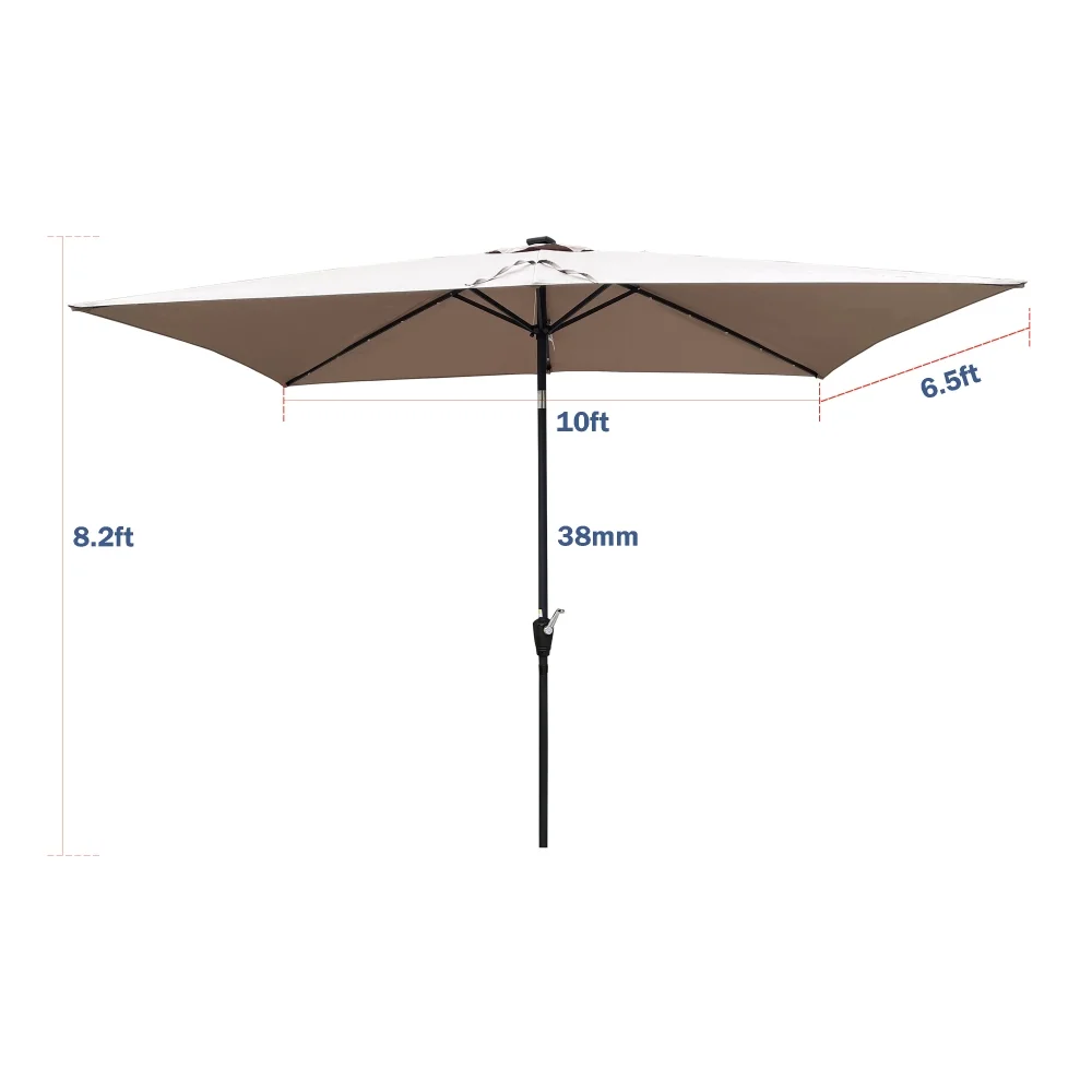10 x 6.5t Patio Umbrella,Rectangular Picnic Table Umbrella,6-8 Chairs Tilt Umbrella with 26 LED Lights,Waterproof Umbrella Sunshade with Crank and Push Button Tilt for Garden Backyard Pool,LIGHT GREY
