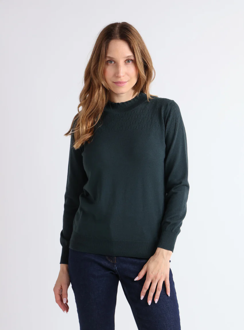 Pull femme col et maille fantaisie en laine merinos vert