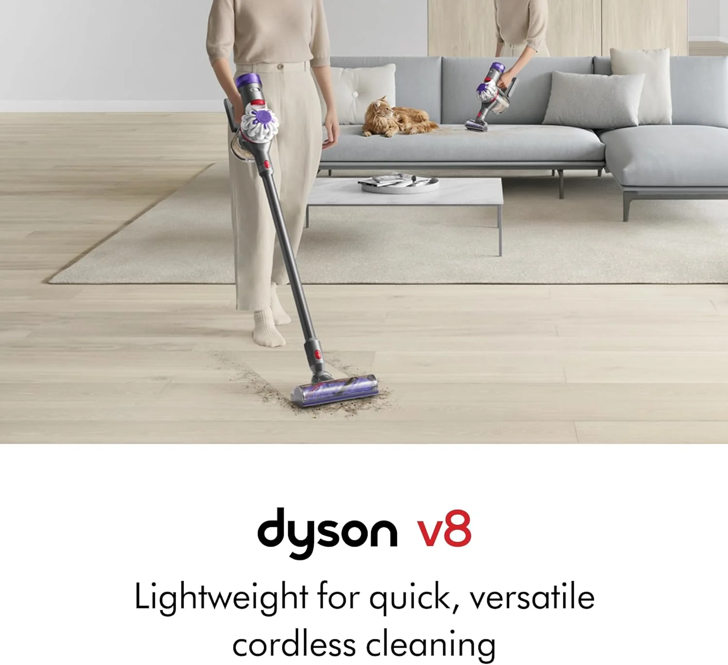 Aspirateur sans fil Dyson V8, nettoie les sols durs et les tapis, démêle, se transforme en aspirateur à main, 115 AW, 2 modes de puissance, jusqu'à 40 minutes¹