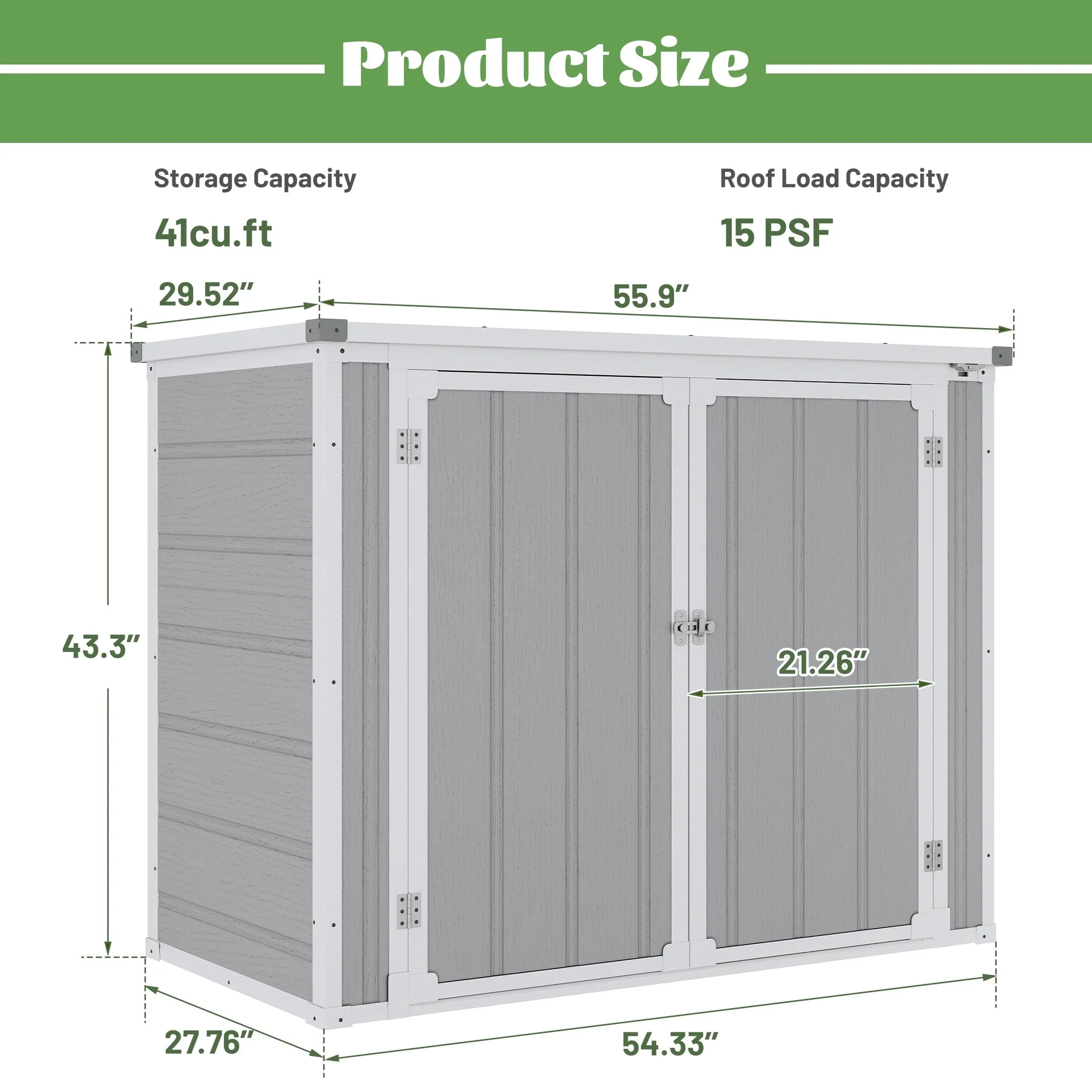 41 cu.ft Outdoor Shed, Horizontal All-Weather Resin Storage Shed, Resistant Tool Shed for Storage of Bike/Trash Cans/Garden Tools/Lawn Mowers, 55.9L x 29.52W x 43.3H Gray
