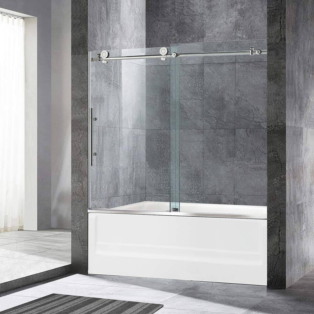 Woodbridge Frameless Sliding Bathtub Door, 56 inch-60 inch Width, 62 inch Height, 3/8 inch (10 mm) Clear Tempered Glass, Chrome Finish, Designed for