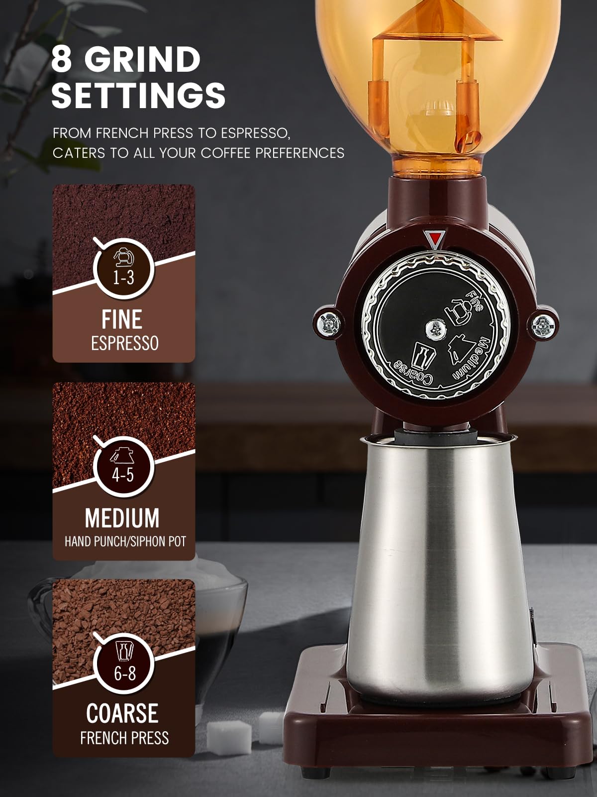 60mm Flat Burr Coffee Grinder, 8 Grind Settings for Home Brew Red | 60mm Stainless Flat Burr, Anti-Static Magnetic Outlet, 8oz Bean Hopper, Stainless Sifting Cup, For Espresso & French Press