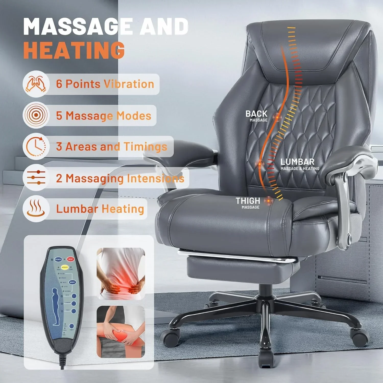 Fauteuil de bureau massant avec chauffage et repose-pieds, fauteuil de bureau ergonomique inclinable de direction