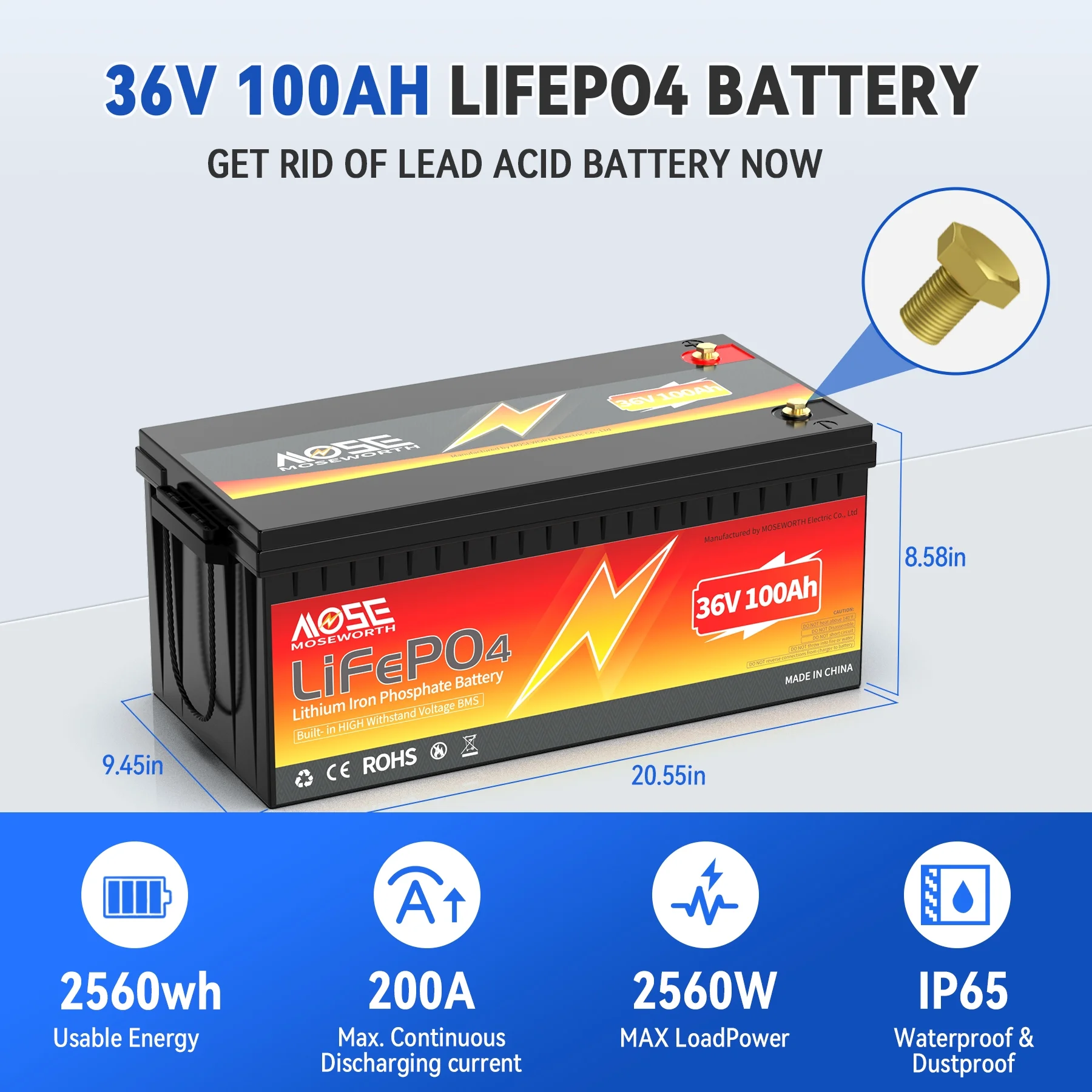 36V 100Ah LiFePO4 Golf Cart Battery,Built in 200A BMS, Lithium Batteries for RV,Marine,Van,Solar,Camping,Trolling Motor - Image 9