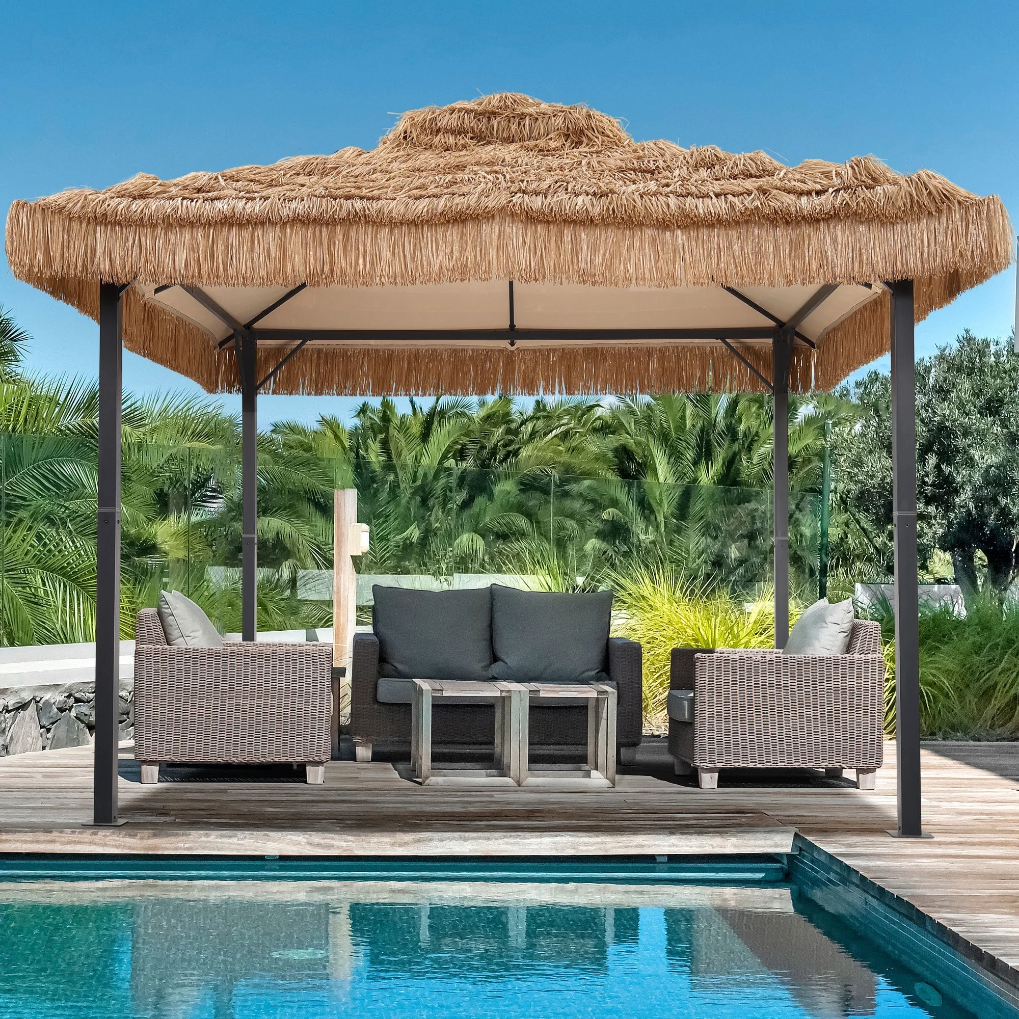 Ainfox 10x10 Thatched Tiki Pavilion Gazebo, Patio Gazebo with Straw Thatch Roofing, Hawaiian Style Steel Frame