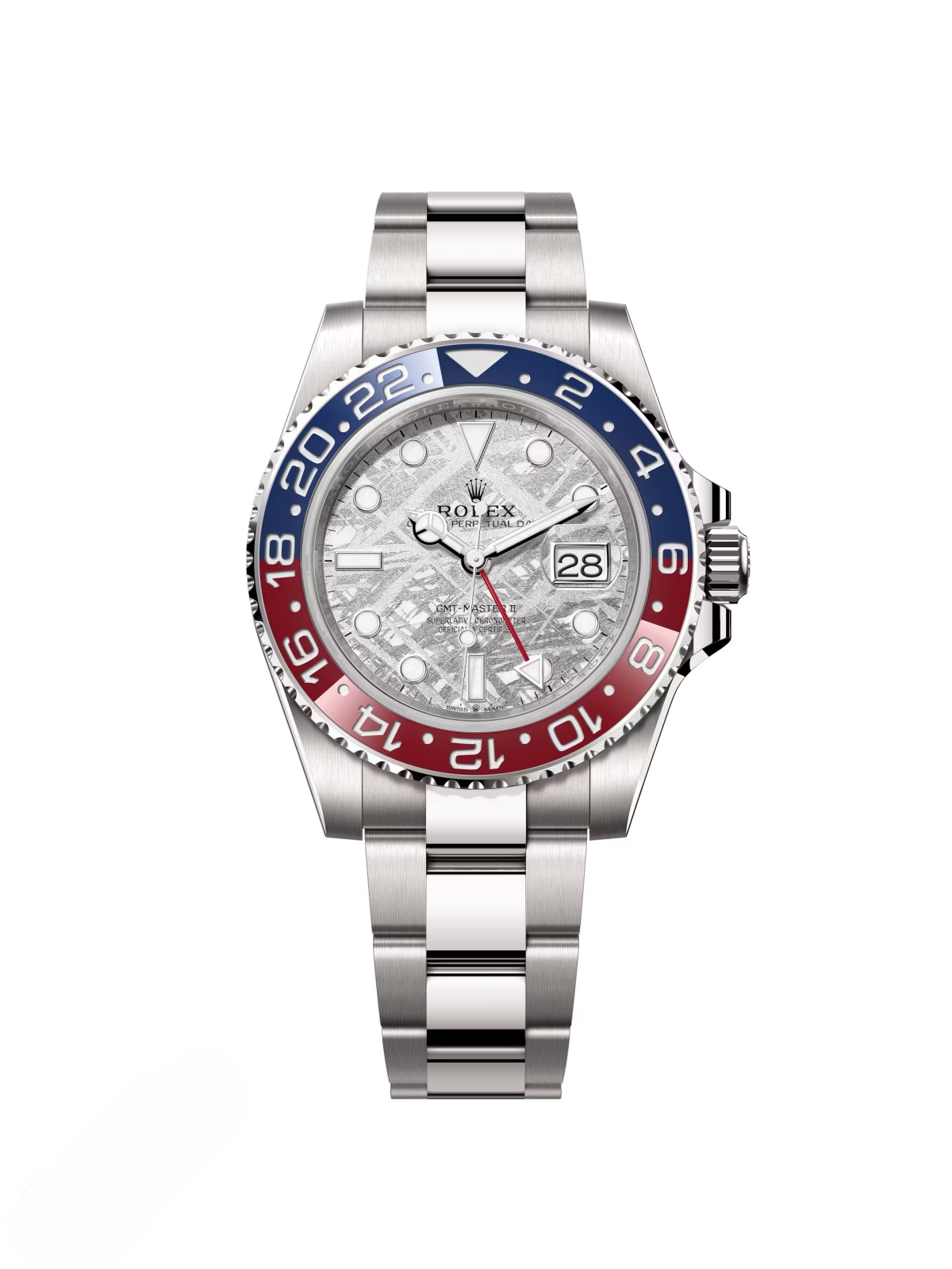 [Super Clone]RLX White Gold GMT-Master II 40mm Watch - Blue and Red Pepsi Bezel - Meteorite Dial - Oyster Bracelet (Ref # 126719BLRO )