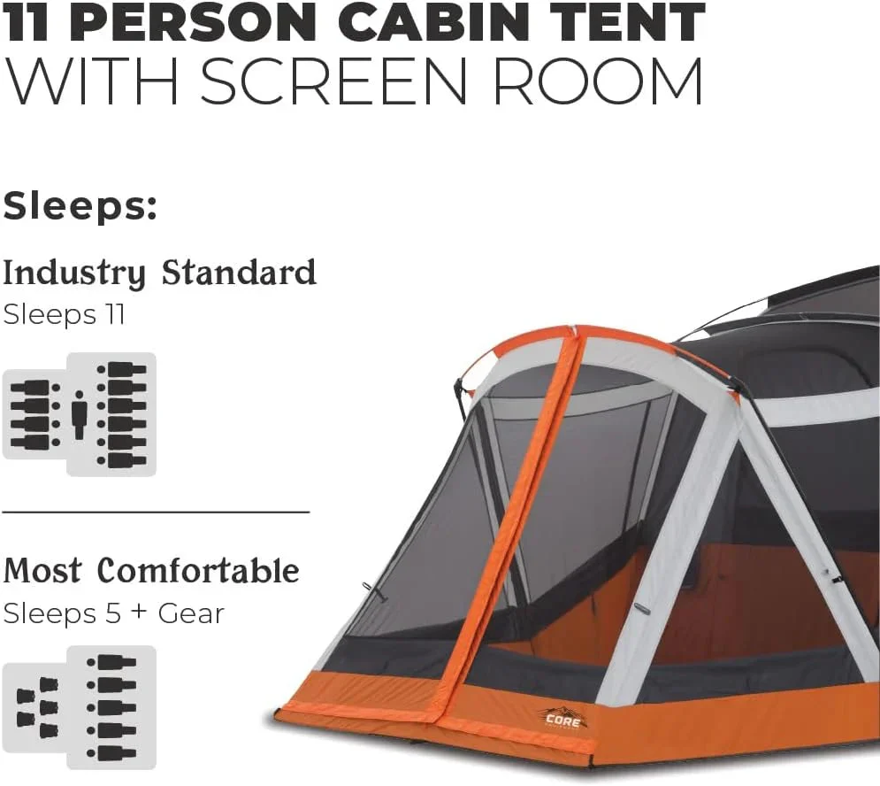 Straight Wall Cabin Tents | 10 Person / 11 Person / 12 Person Large Multi Room Family Tents for Car Camping & Outdoor Adventures