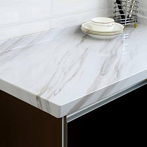 Yenhome Large Size Jazz White Marble Countertops Removable Wallpaper for Kitchen Backsplash Peel and Stick Shelf Liner Waterproof Bathroom Decor