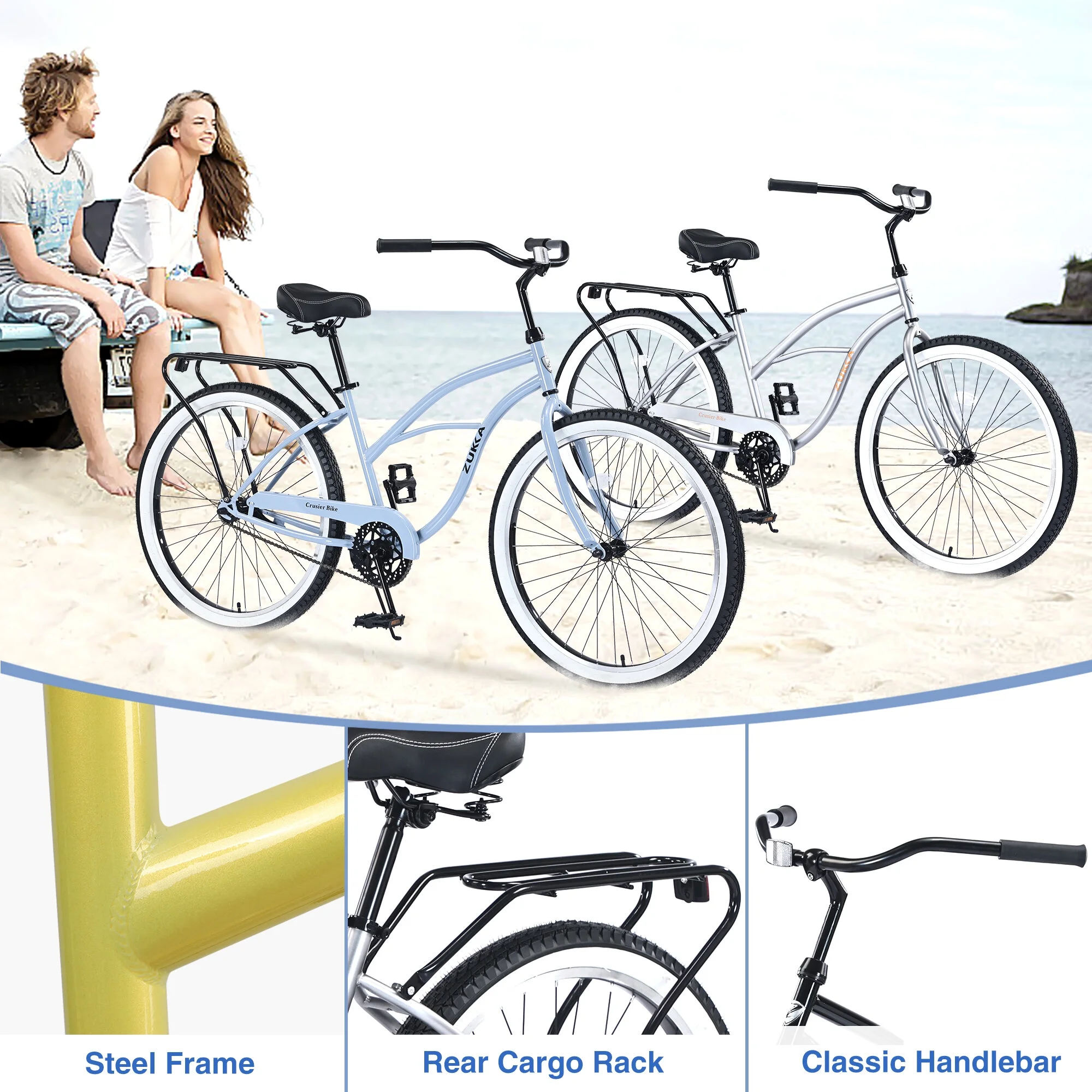 Single Speed Bicycles 26"Inch,Steel Frame,Wide Wheels for Stability,Rear Coaster Brakes,Multiple Colors Men'S Beach Cruiser Bike,Silver+Grey Steel Fitness Sports Sports Outdoor Bikes(17#Silver+Grey,Steel) - Image 7
