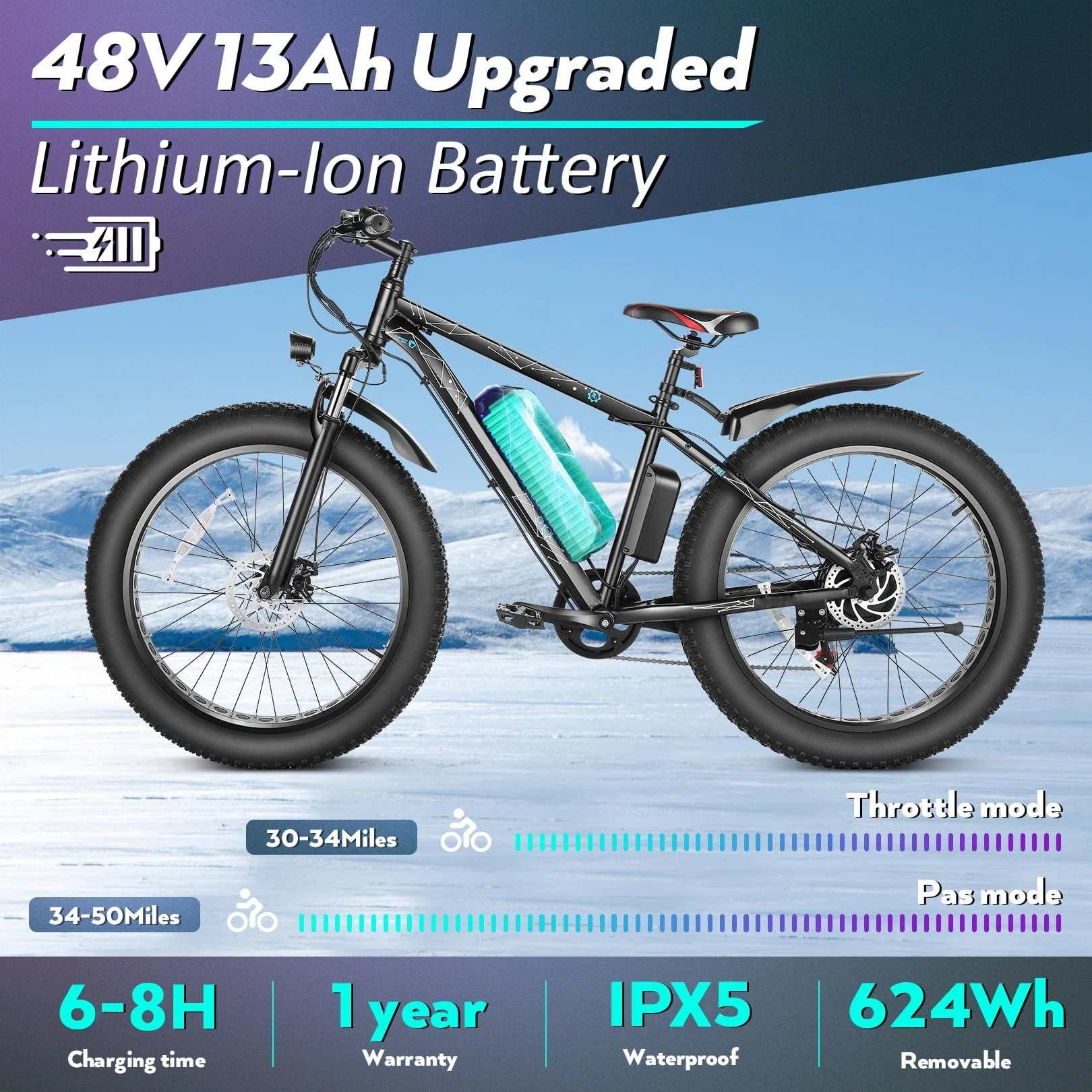26" 4 0 Fat Tire Electric Bike for Adults, 500W Adults E Bike, 48V 13Ah Removable Li Ion Battery, Professional 7 Speed, Electric Mountain Bicycle Beach Bike Snow Bike Ebike for Men Image 4