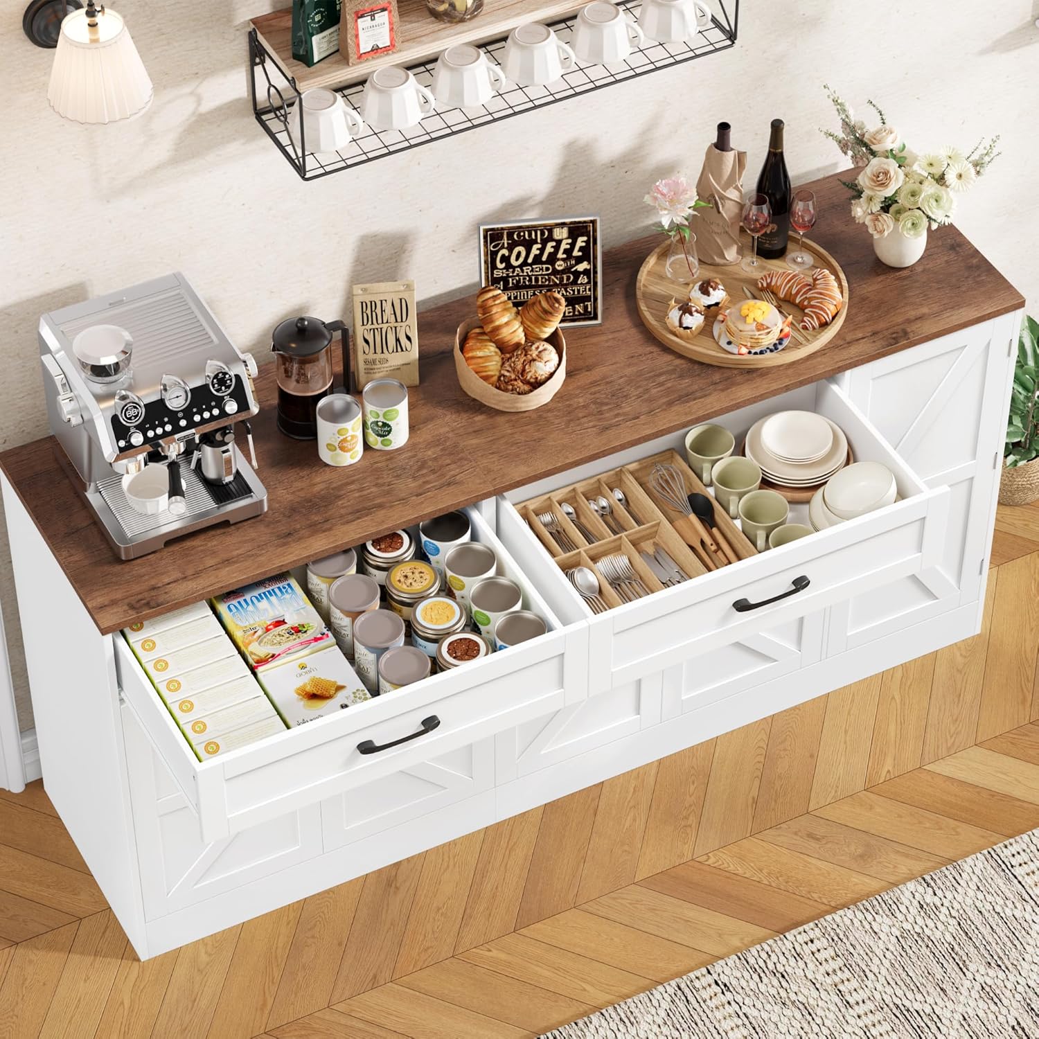 71” Large Sideboard Buffet Cabinet with Storage, Farmhouse Buffet Cabinet with Adjustable Shelves and 3 Door Shelves, Wood Coffee Bar Console Table for Kitchen, Dining Room (White)
