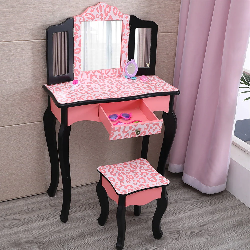 Kids Vanity Table and Stool Set with 3 Mirrors, Pretend Play Princess Makeup Dressing Table,Children's Furniture(Blue) Image 3