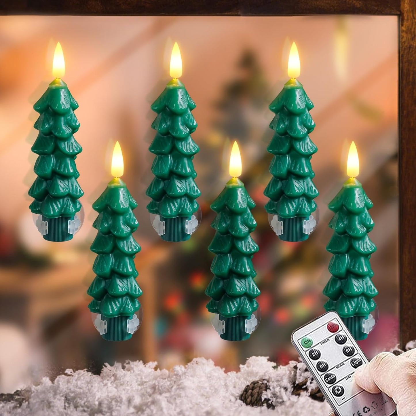 6pcs Tree Shaped Flameless Real Wax Green Taper Window Flickering Candles with Remote and Timer