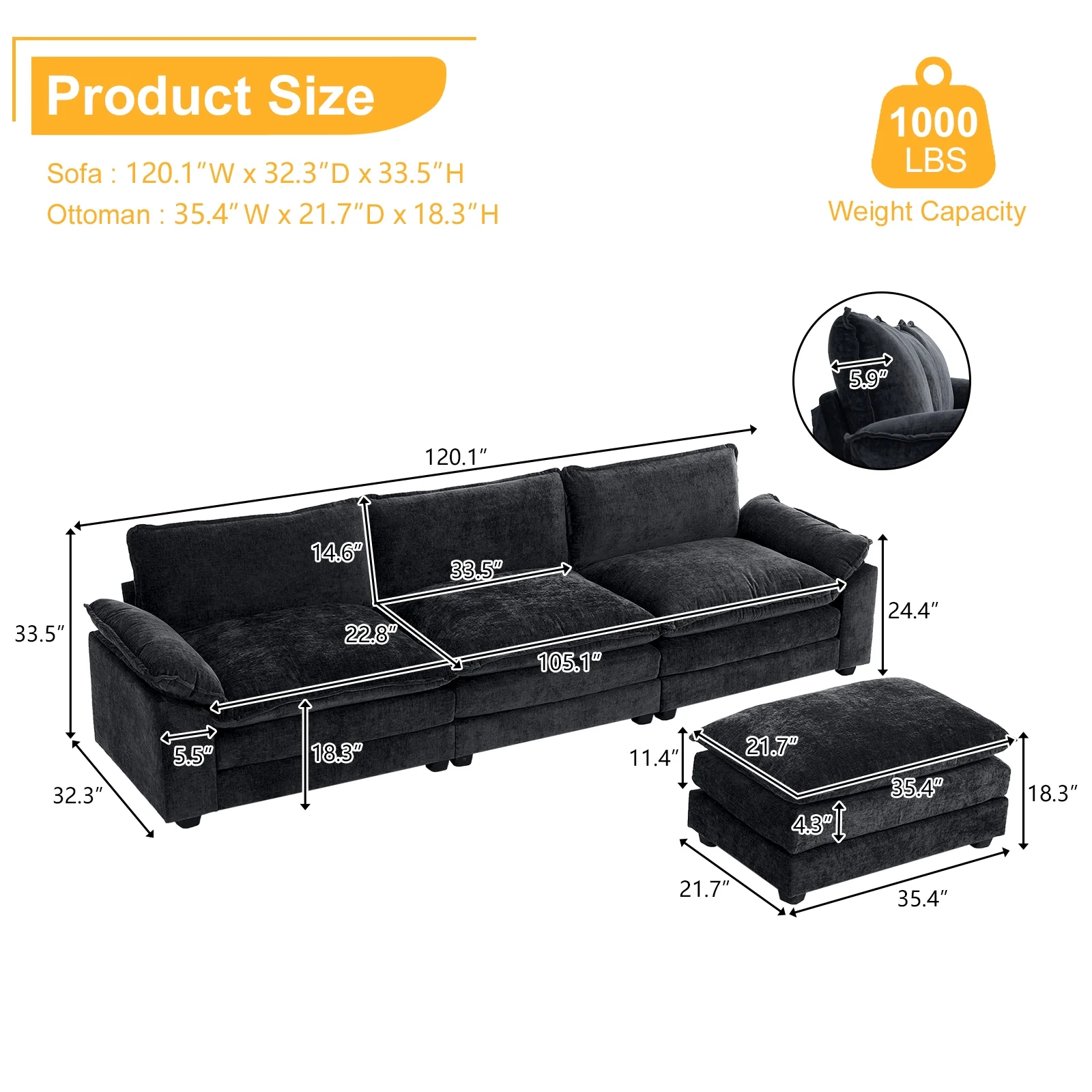 Zimtown Sectional Sofa with Ottoman, L Shaped Convertible Couch with Removable Chaise Chenille Fabric Sofa Set for 4 - 6 Persons Living Room Furniture Dark Grey
