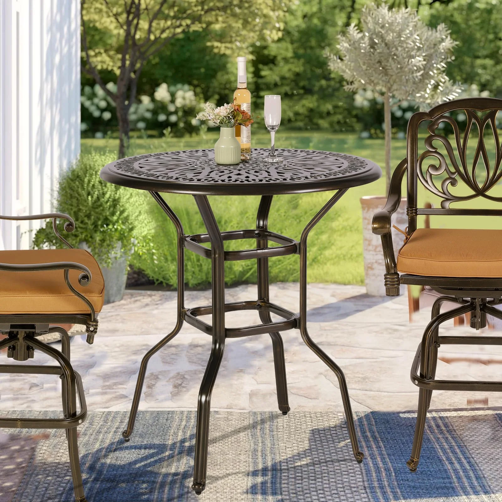 35.2" Patio Height Bar Table, All-Weather Cast Aluminum Bar Bistro Table Outdoor Patio Round Dining Table with Umbrella Hole for Balcony, Lawn, Garden, Backyard, Antique Bronze(35.2" Patio Height Bar Table) - Image 4