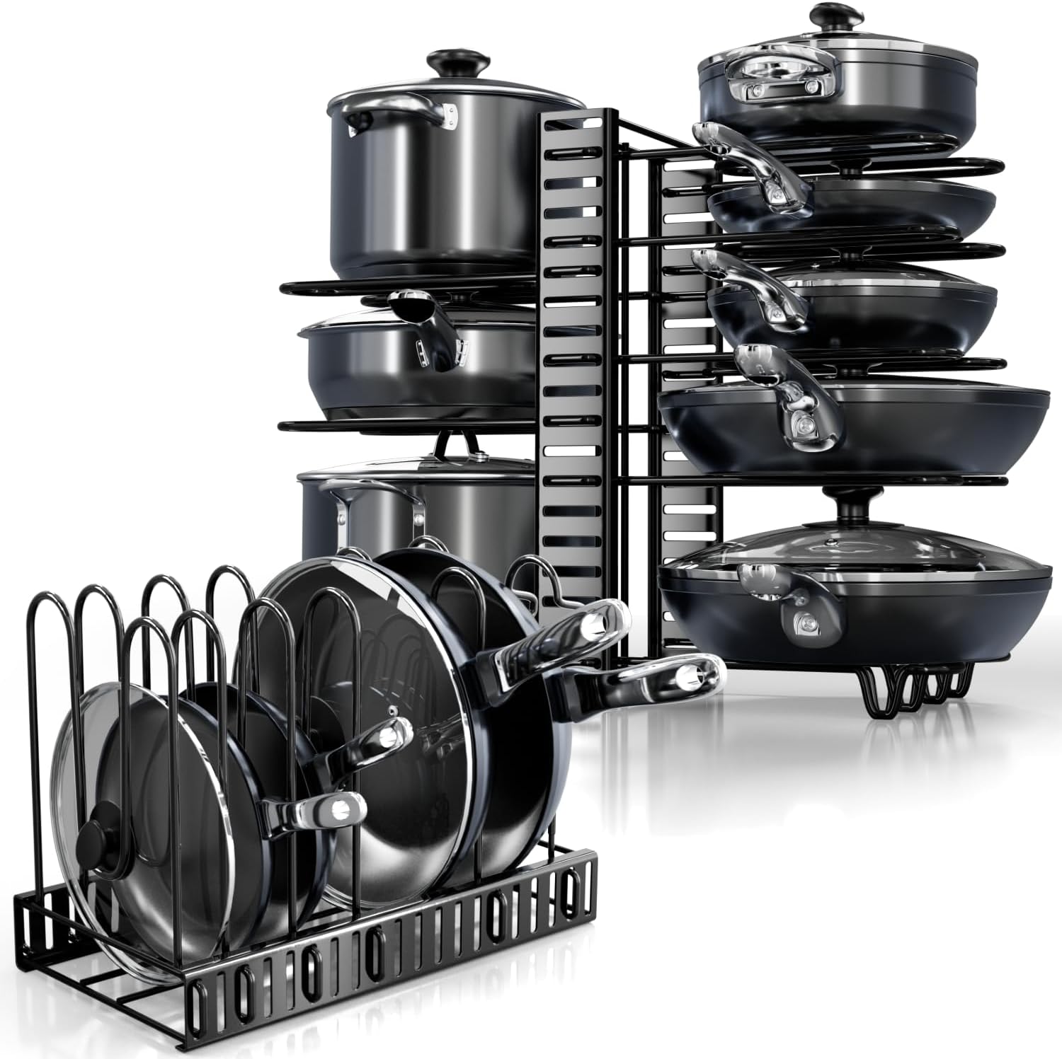 Pots and Pans Organizer Under Cabinet - 8-Tier Adjustable Pan Organizer Rack for Cabinet - Heavy-Duty Pot & Pan Organizer - Perfect for Storing Pots, Pans, and Lids - Easy Kitchen Organization and Storage