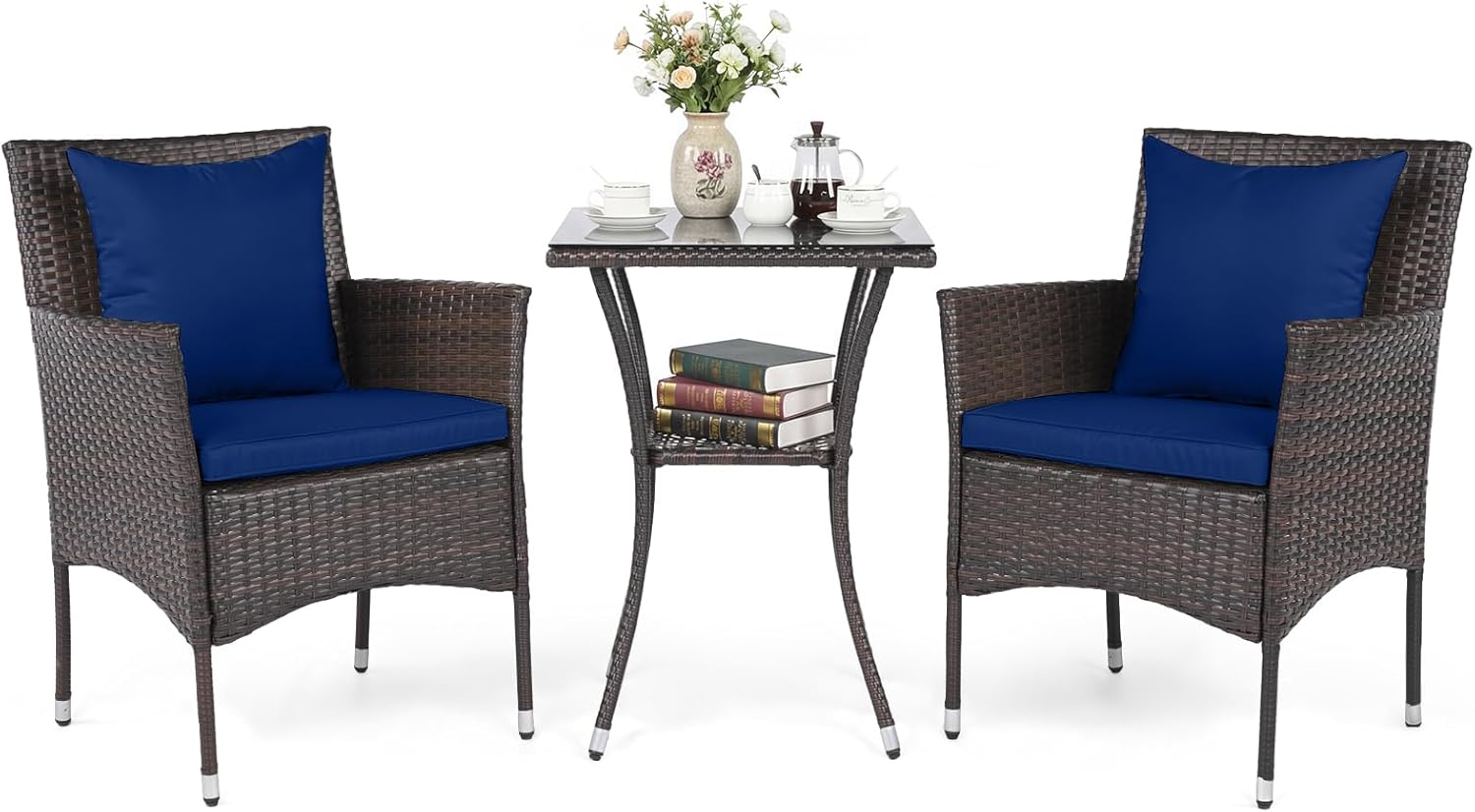 Tangkula 3 Pieces Patio Wicker Bistro Set | 2 Rattan Chairs w/ 2-Tier Tempered Glass Table