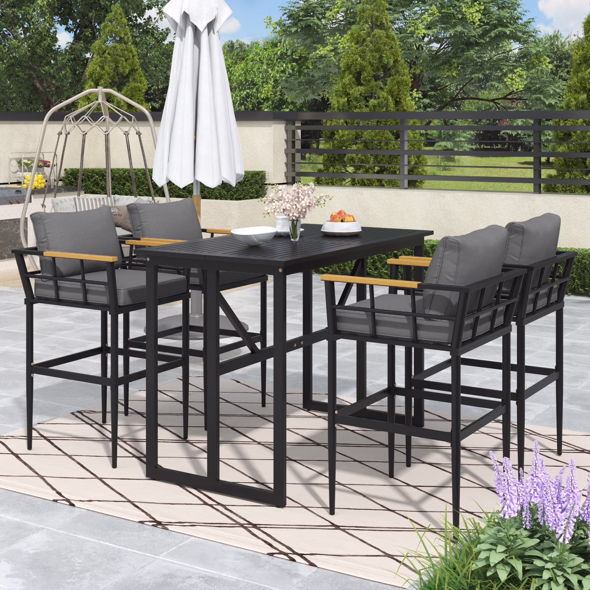 Harper & Bright Designs Iron Outdoor Counter Height Dining Set for 4, 5 Pieces All-Weather Patio Dining Furniture Set with Table and 4 Chairs for Pub Backyard Balcony Garden, Gray