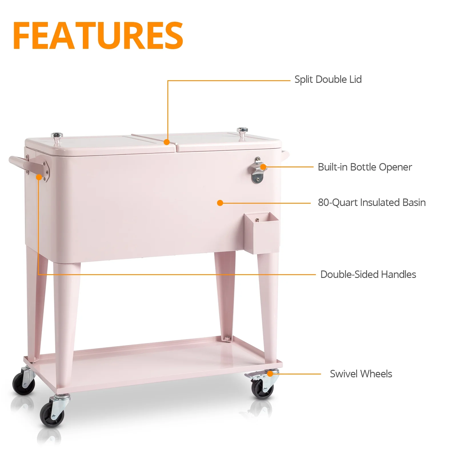 Rolling Cooler 80QT Frozen Warm Function with Shelf Pink - Image 6