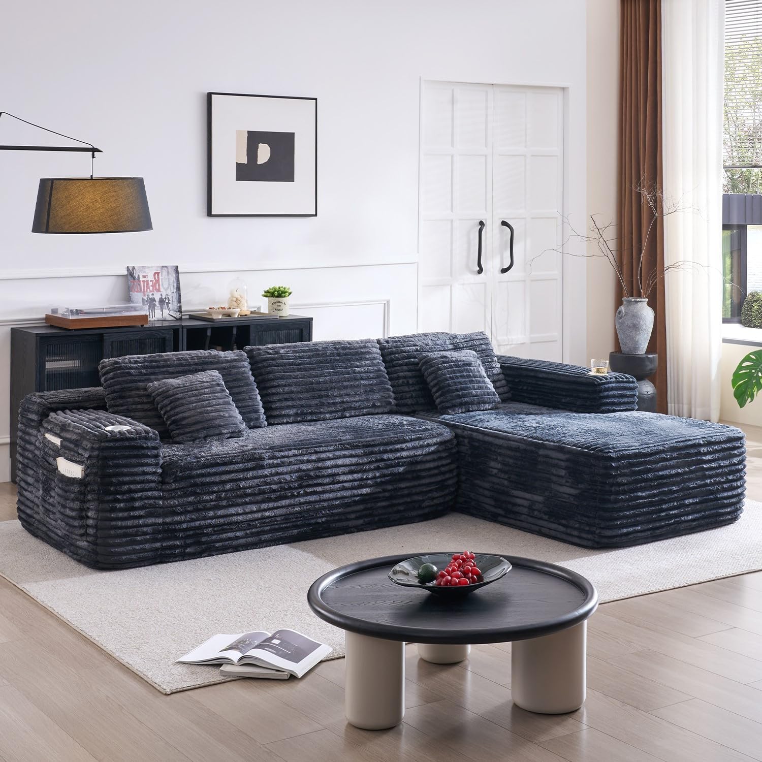 Canapé d'angle Cloud avec méridienne en L, canapé modulaire moderne, assise profonde, porte-gobelet intégré