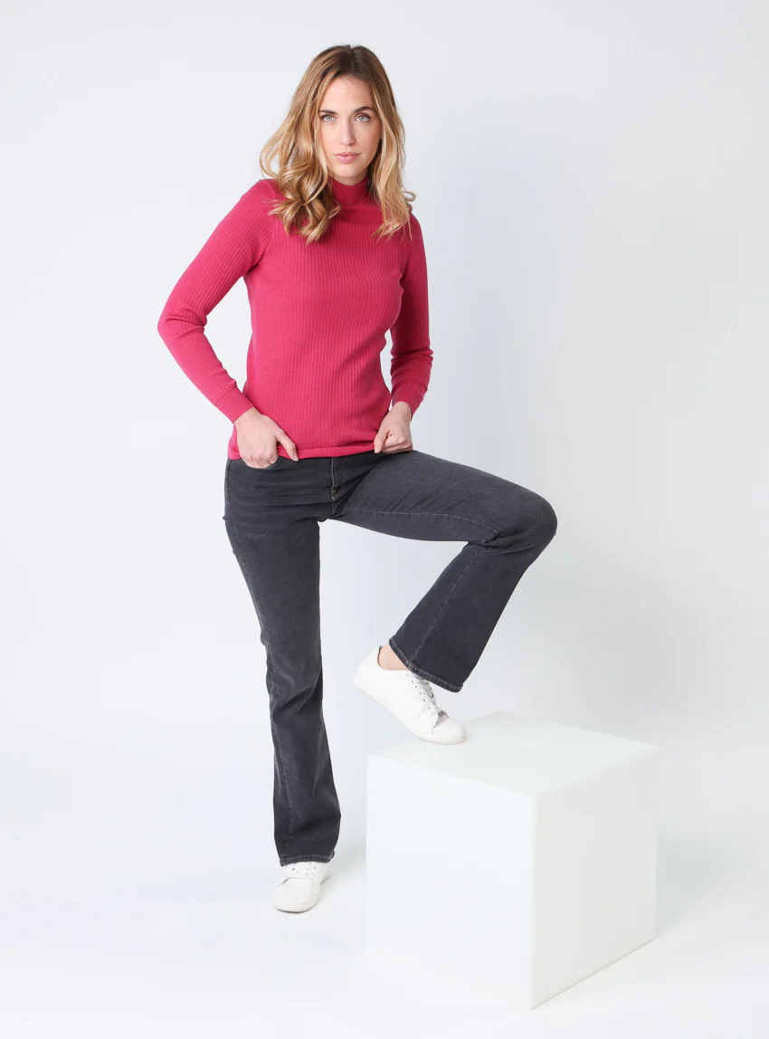 Pull chaussette femme col cheminee laine mérinos Rose géranium