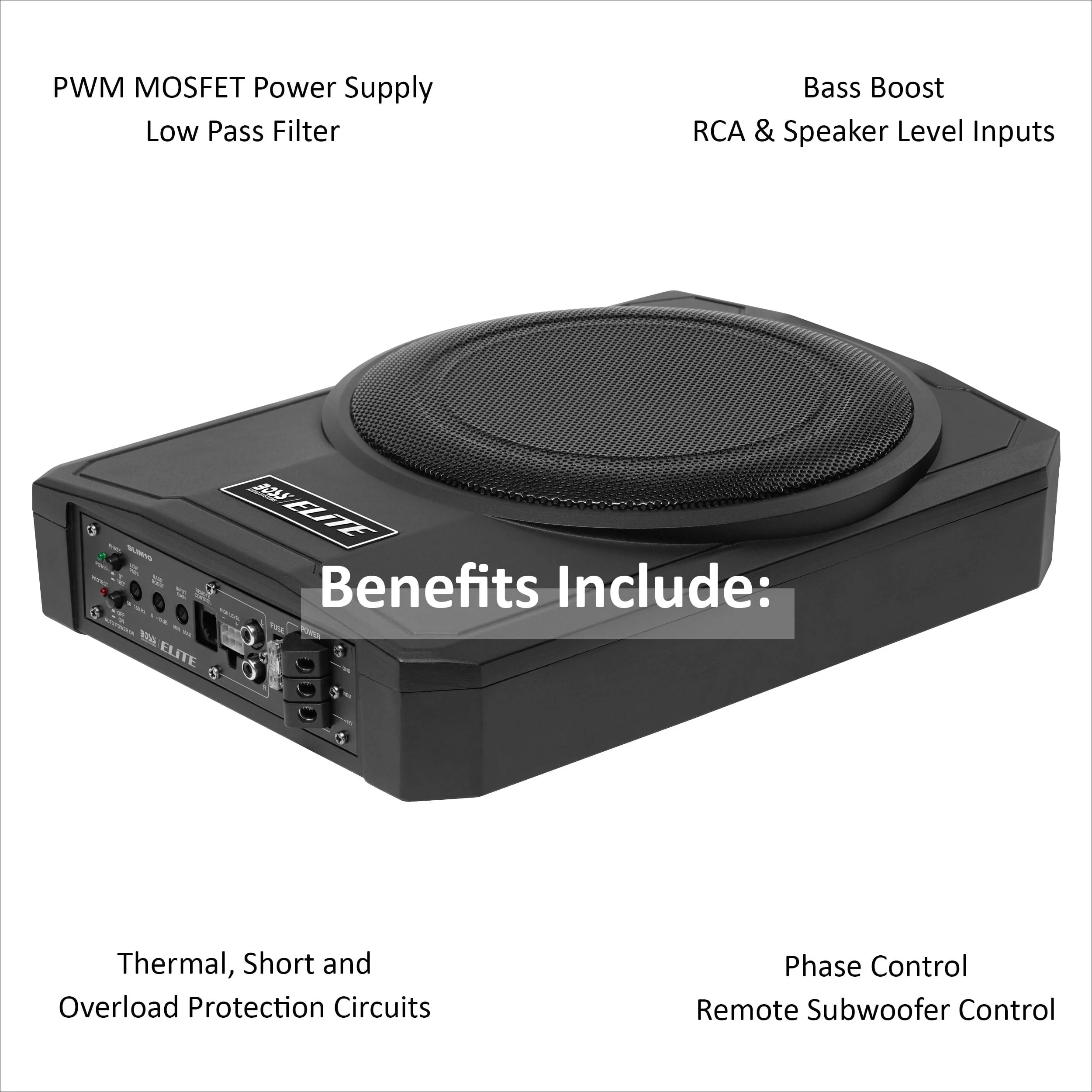 BOSS Audio Systems SLIM10 Elite Series 10 Inch Powered Car Audio Subwoofer - Low Profile, Remote Subwoofer Control, Built In Amplifier, Under Seat, For Truck, Hook Up To Amplifier